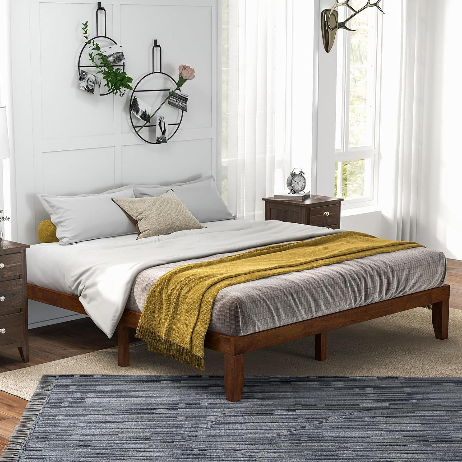 image:imageGiantex King Wood Platform Bed Frame 14 Inch Solid Rubber Wood Mattress Foundation Heavy Duty Wooden Slats Support No Box Spring Needed Easy Assembly NaturalWalnut