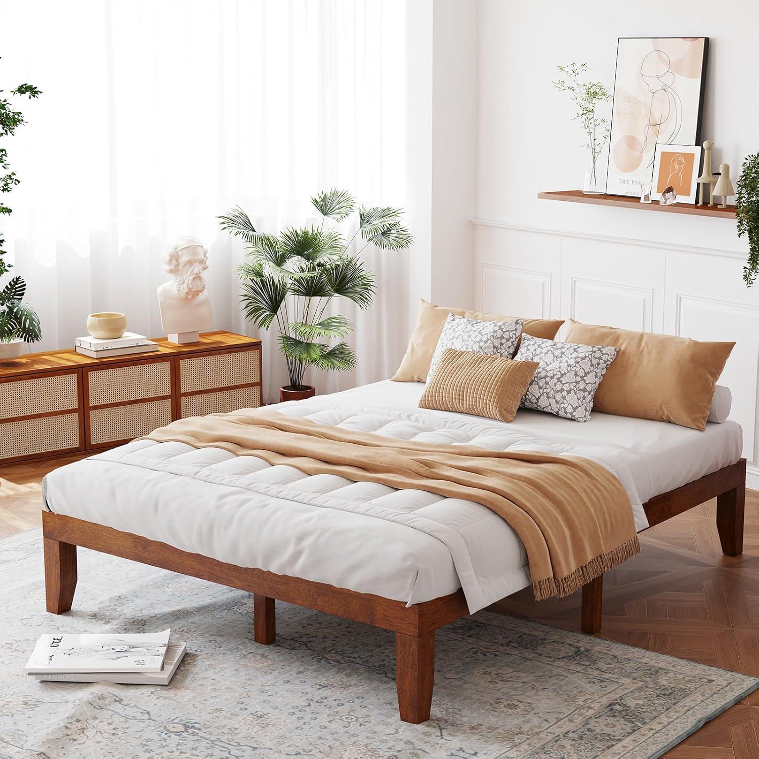 image:imageGiantex King Wood Platform Bed Frame 14 Inch Solid Rubber Wood Mattress Foundation Heavy Duty Wooden Slats Support No Box Spring Needed Easy Assembly NaturalWalnut