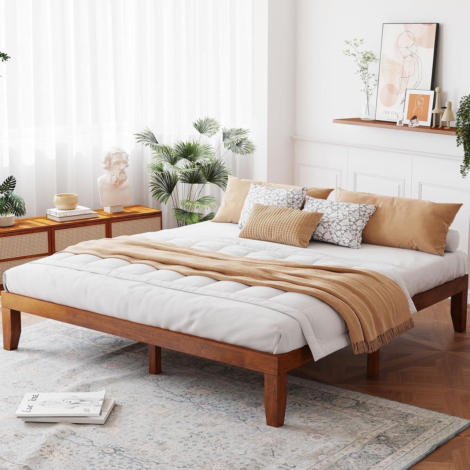 image:imageGiantex King Wood Platform Bed Frame 14 Inch Solid Rubber Wood Mattress Foundation Heavy Duty Wooden Slats Support No Box Spring Needed Easy Assembly NaturalWalnut