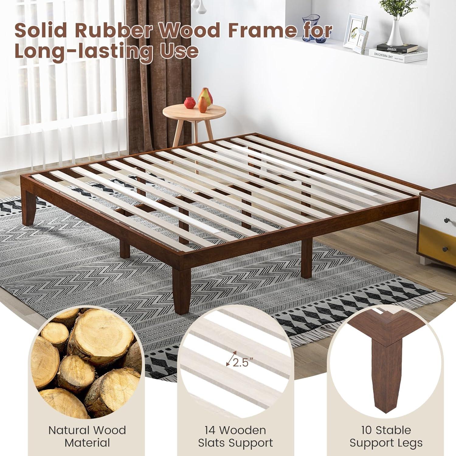 image:imageGiantex King Wood Platform Bed Frame 14 Inch Solid Rubber Wood Mattress Foundation Heavy Duty Wooden Slats Support No Box Spring Needed Easy Assembly NaturalWalnut
