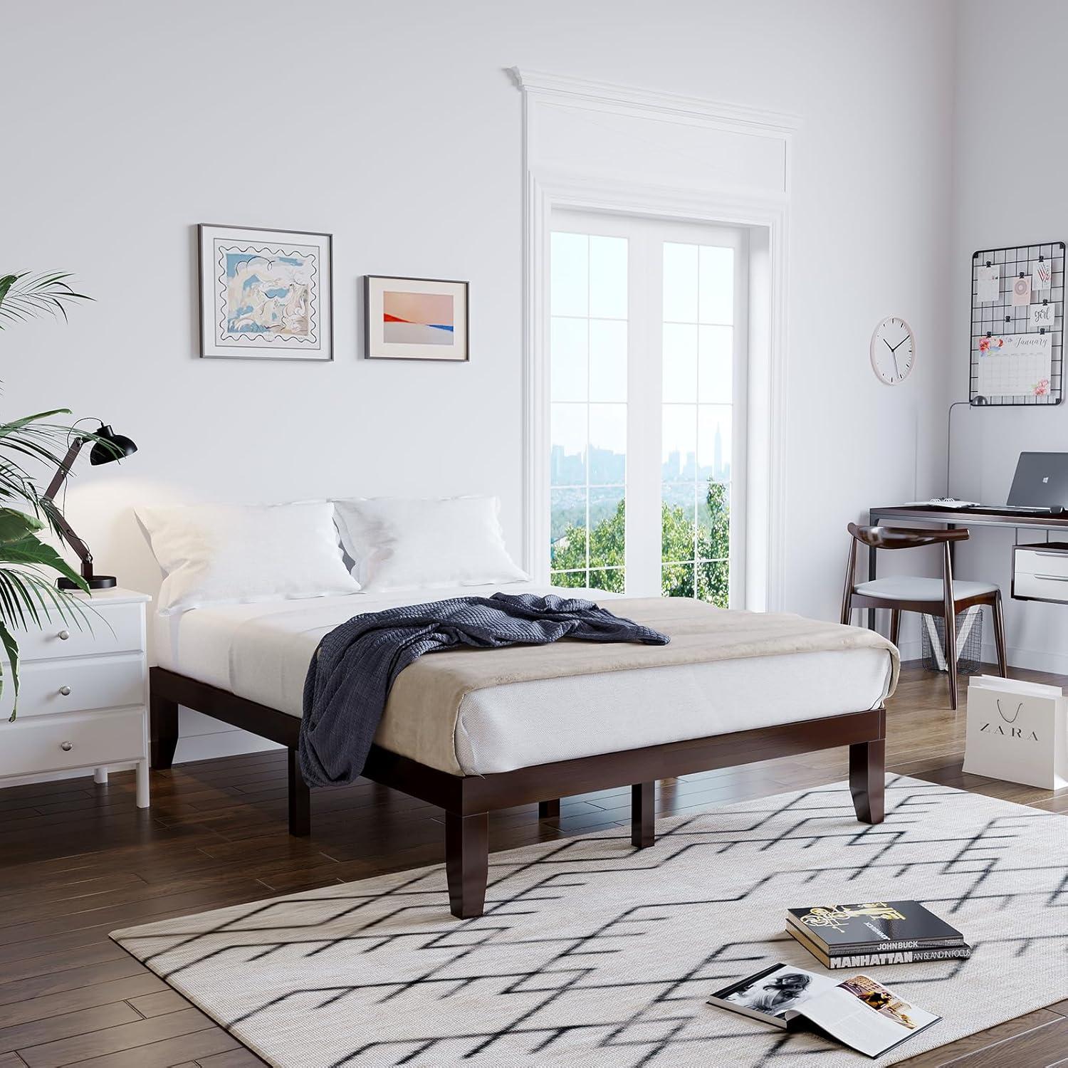 image:imageGiantex King Wood Platform Bed Frame 14 Inch Solid Rubber Wood Mattress Foundation Heavy Duty Wooden Slats Support No Box Spring Needed Easy Assembly NaturalEspresso