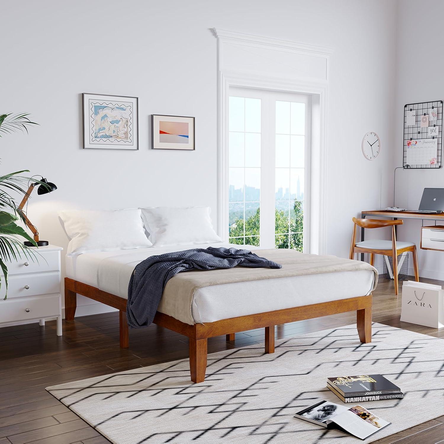 image:imageGiantex King Wood Platform Bed Frame 14 Inch Solid Rubber Wood Mattress Foundation Heavy Duty Wooden Slats Support No Box Spring Needed Easy Assembly NaturalWalnut