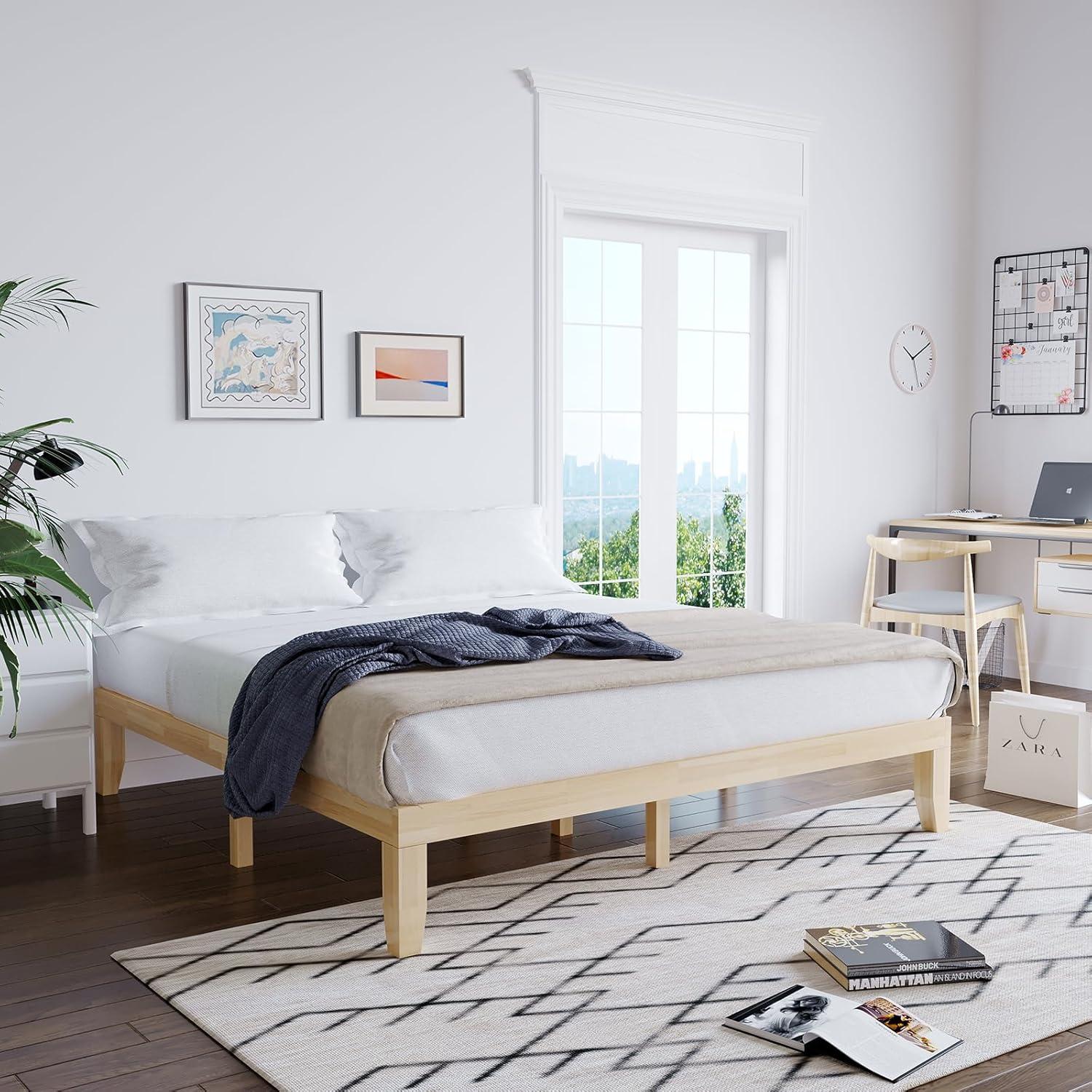 image:imageGiantex King Wood Platform Bed Frame 14 Inch Solid Rubber Wood Mattress Foundation Heavy Duty Wooden Slats Support No Box Spring Needed Easy Assembly NaturalNatural