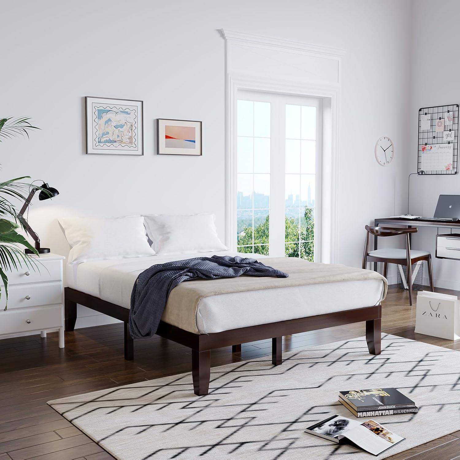 image:imageGiantex King Wood Platform Bed Frame 14 Inch Solid Rubber Wood Mattress Foundation Heavy Duty Wooden Slats Support No Box Spring Needed Easy Assembly NaturalEspresso