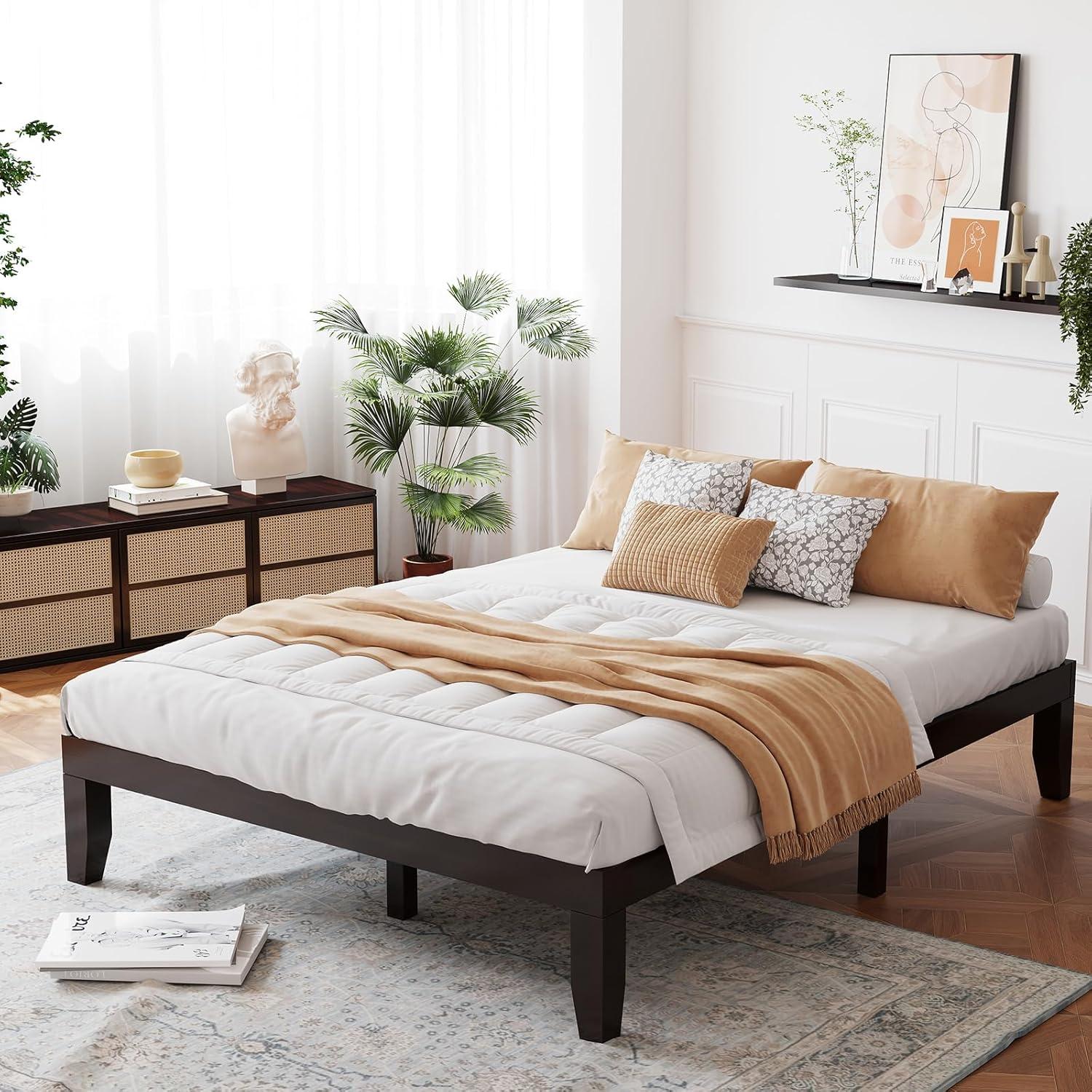 image:imageGiantex King Wood Platform Bed Frame 14 Inch Solid Rubber Wood Mattress Foundation Heavy Duty Wooden Slats Support No Box Spring Needed Easy Assembly NaturalEspresso