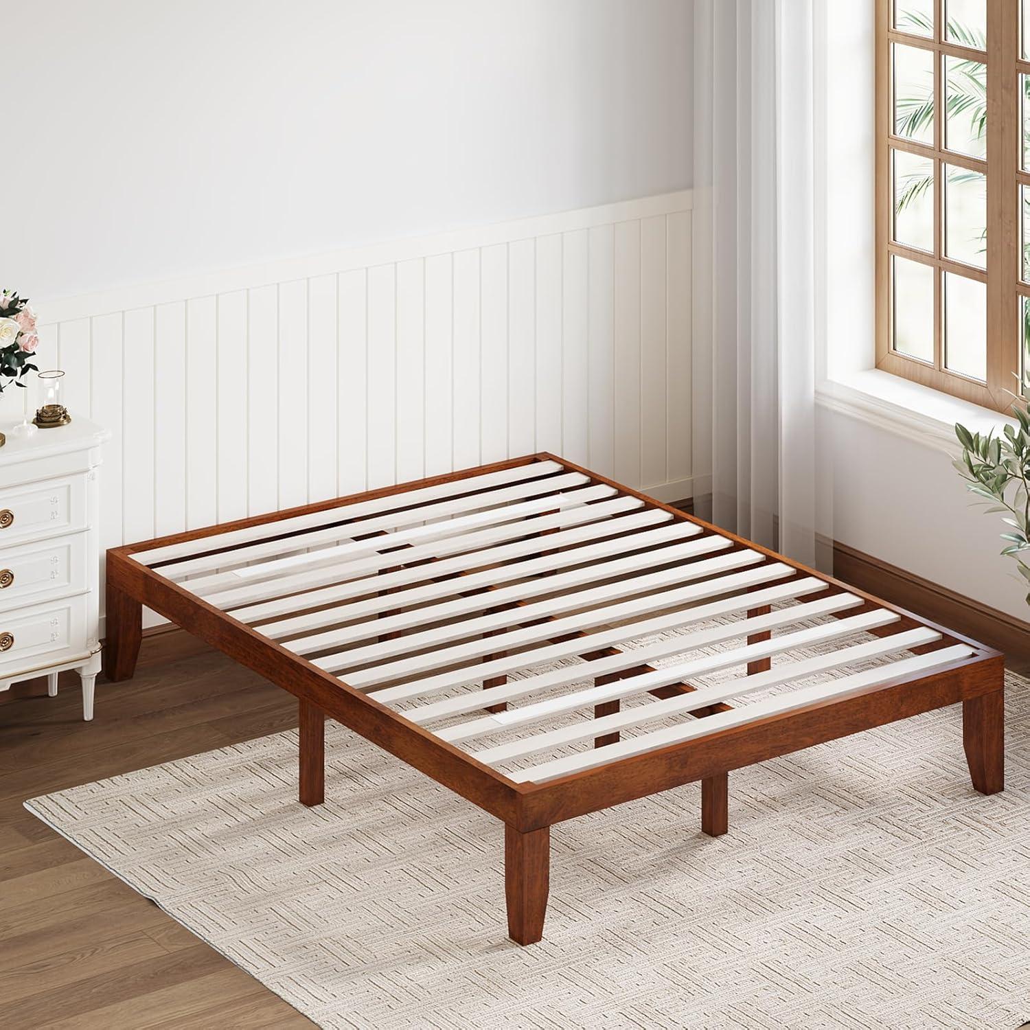 image:imageGiantex King Wood Platform Bed Frame 14 Inch Solid Rubber Wood Mattress Foundation Heavy Duty Wooden Slats Support No Box Spring Needed Easy Assembly NaturalWalnut