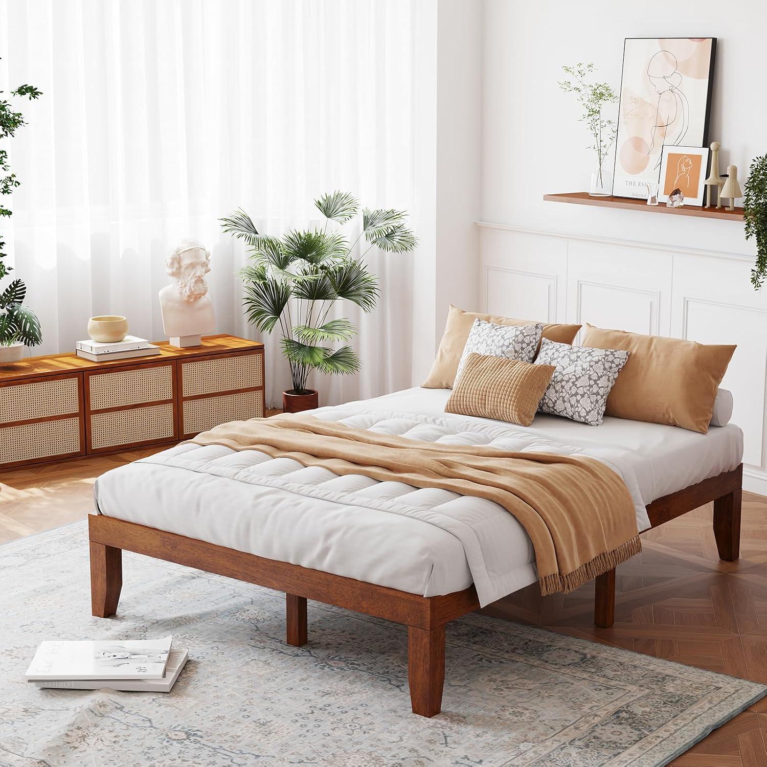 image:imageGiantex King Wood Platform Bed Frame 14 Inch Solid Rubber Wood Mattress Foundation Heavy Duty Wooden Slats Support No Box Spring Needed Easy Assembly NaturalWalnut