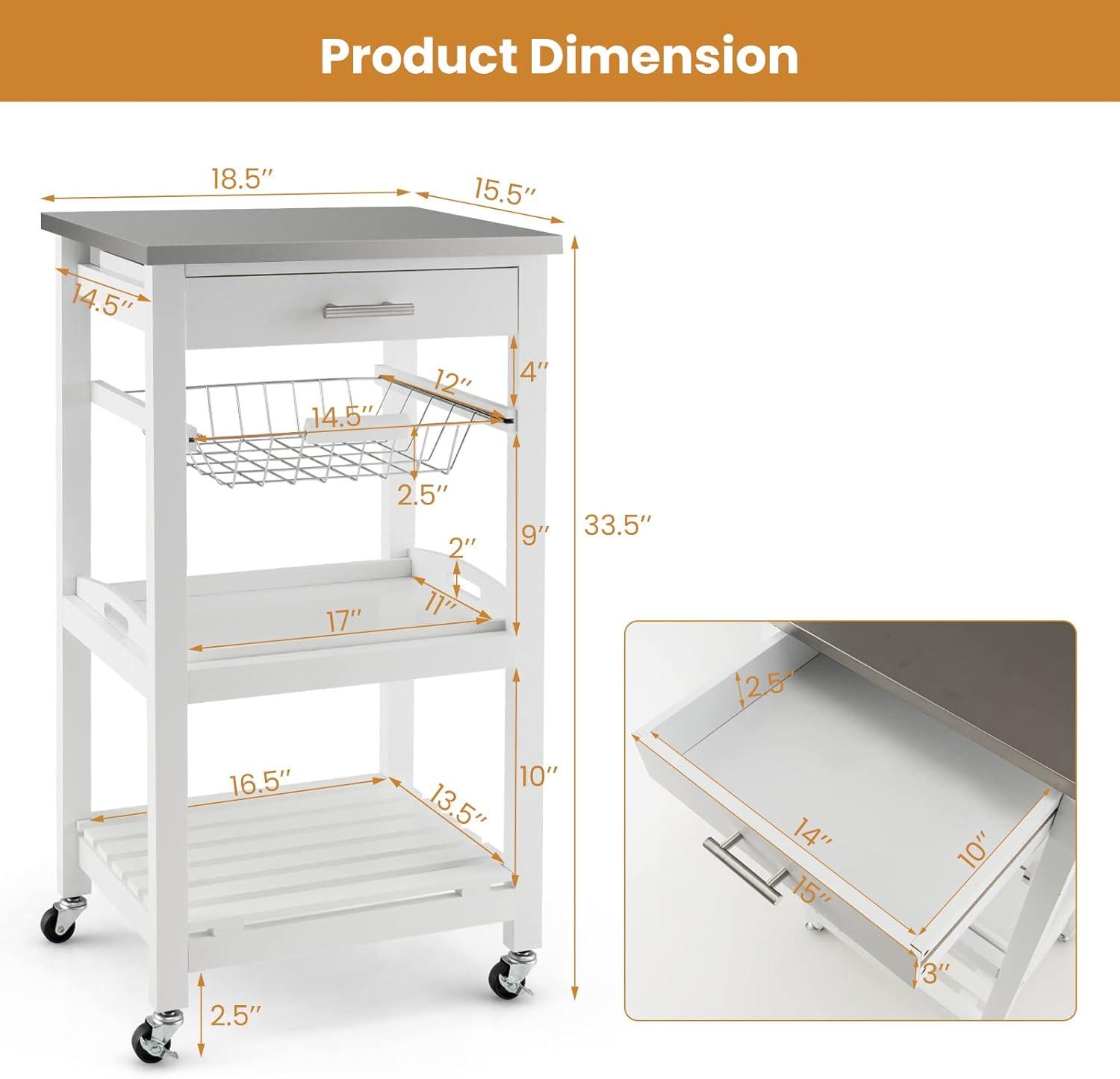image:imageGiantex Kitchen Island Cart Rolling Kitchen Storage Cart with Stainless Steel Tabletop Drawer Basket and Shelf Utility Service Cart on Wheels for Restaurant Hotel