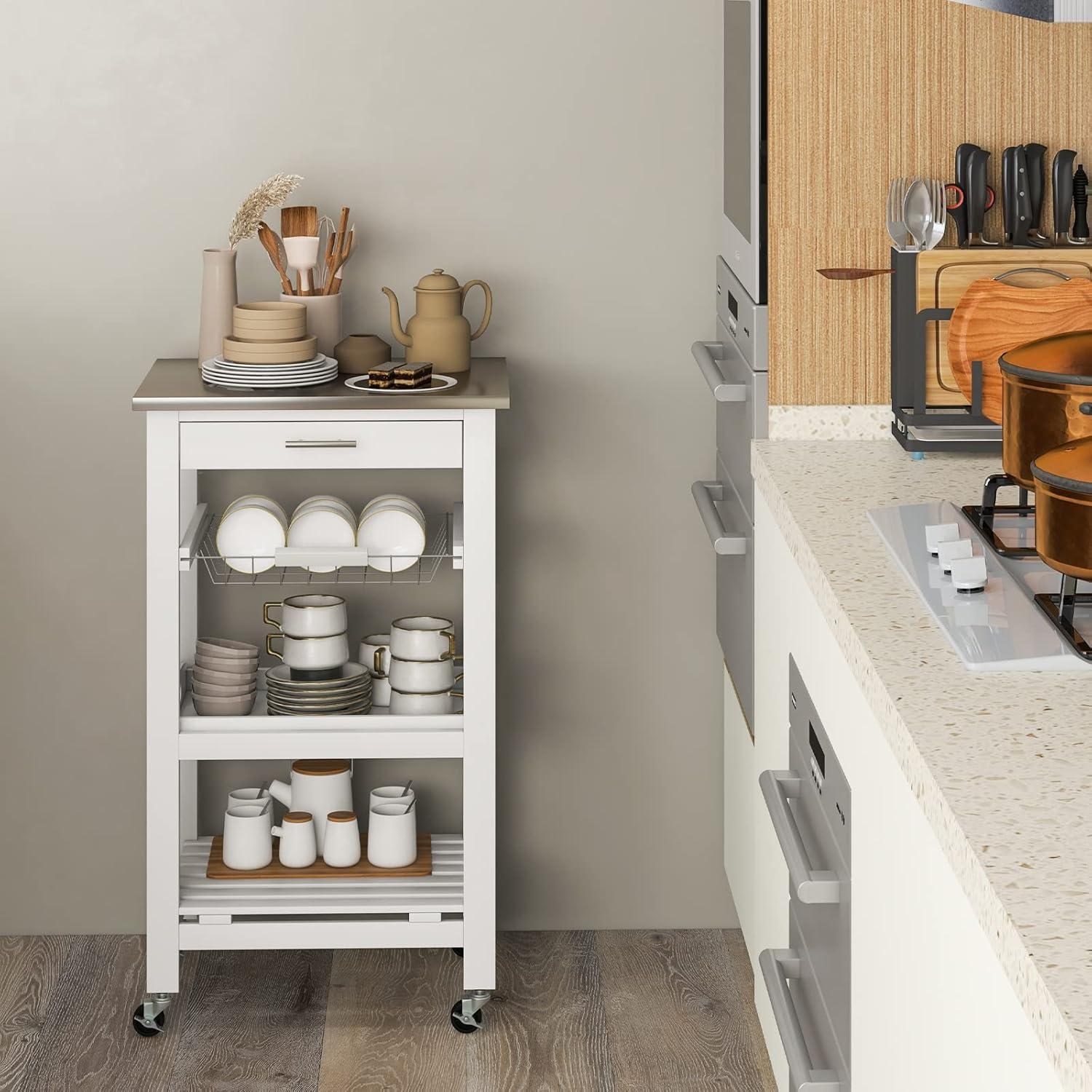 image:imageGiantex Kitchen Island Cart Rolling Kitchen Storage Cart with Stainless Steel Tabletop Drawer Basket and Shelf Utility Service Cart on Wheels for Restaurant Hotel