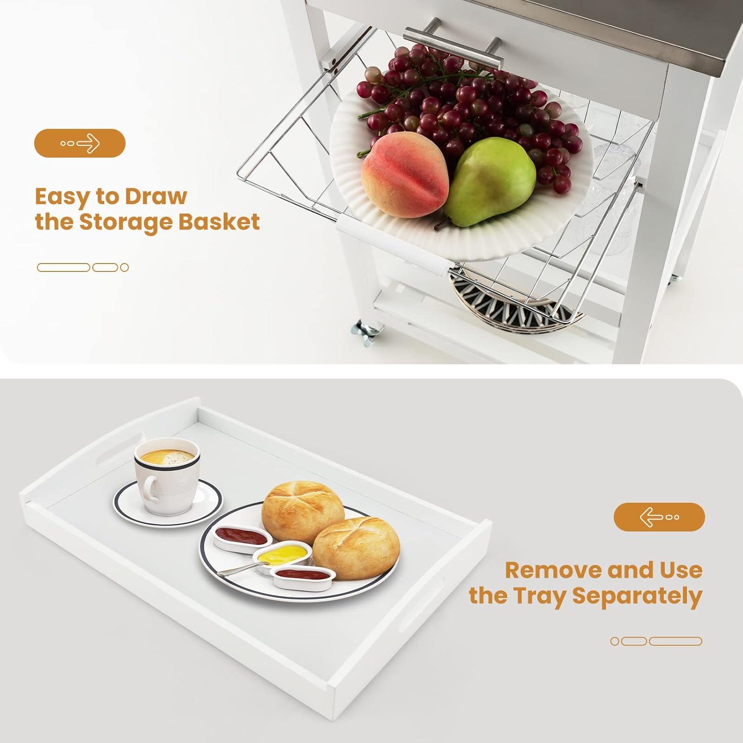 image:imageGiantex Kitchen Island Cart Rolling Kitchen Storage Cart with Stainless Steel Tabletop Drawer Basket and Shelf Utility Service Cart on Wheels for Restaurant Hotel