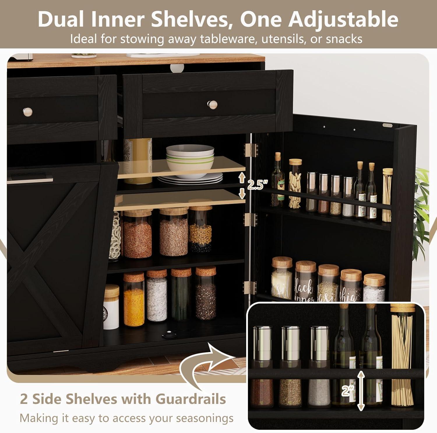 image:imageGiantex Kitchen Island with Tilt Out Trash Can Cabinet 10 Gallon Power Outlet 2 Drawers Adjustable Shelves Hidden Storage Garbage Bin Cabinet for Dining Room Laundry Room BlackWalnutBlackwalnut