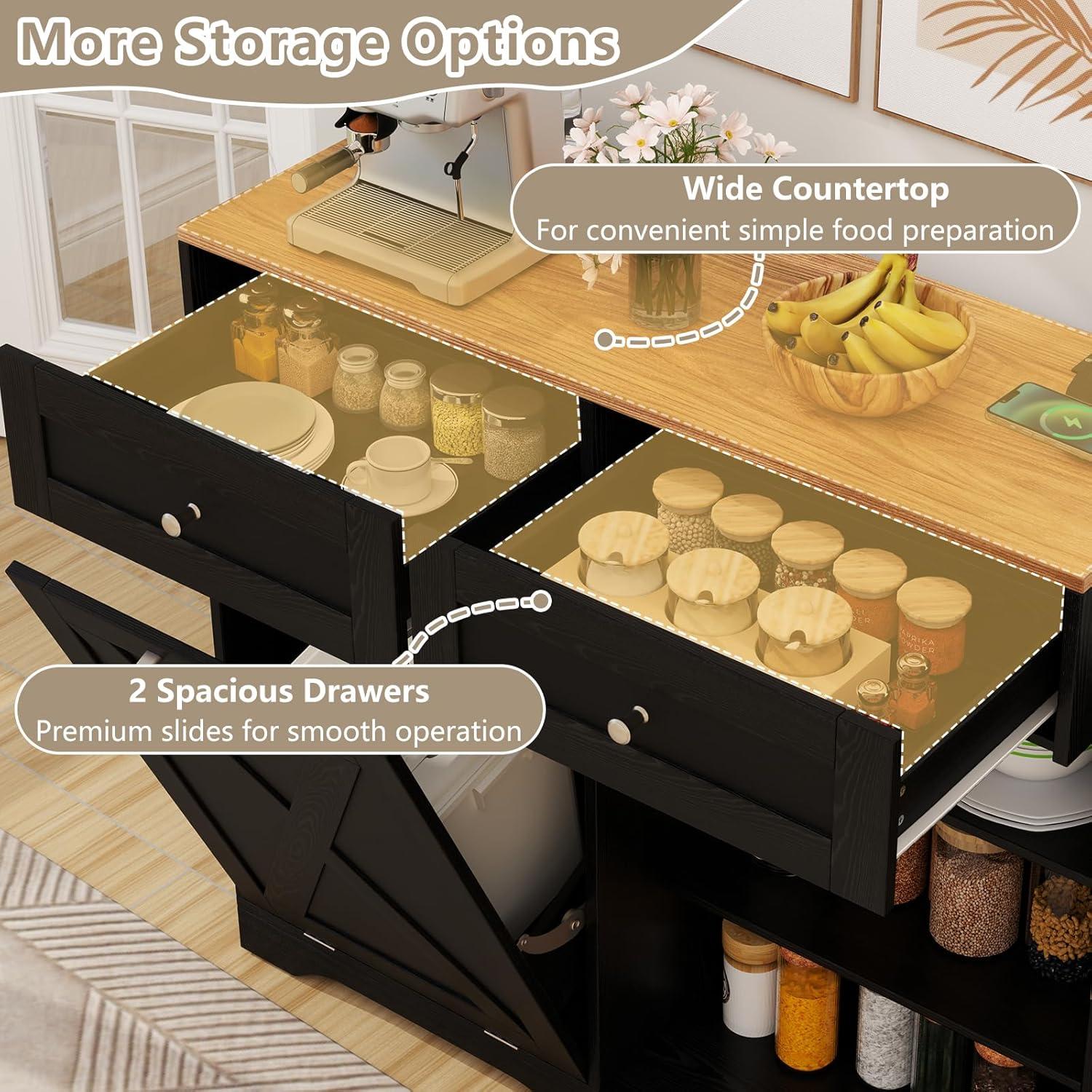 image:imageGiantex Kitchen Island with Tilt Out Trash Can Cabinet 10 Gallon Power Outlet 2 Drawers Adjustable Shelves Hidden Storage Garbage Bin Cabinet for Dining Room Laundry Room BlackWalnutBlackwalnut