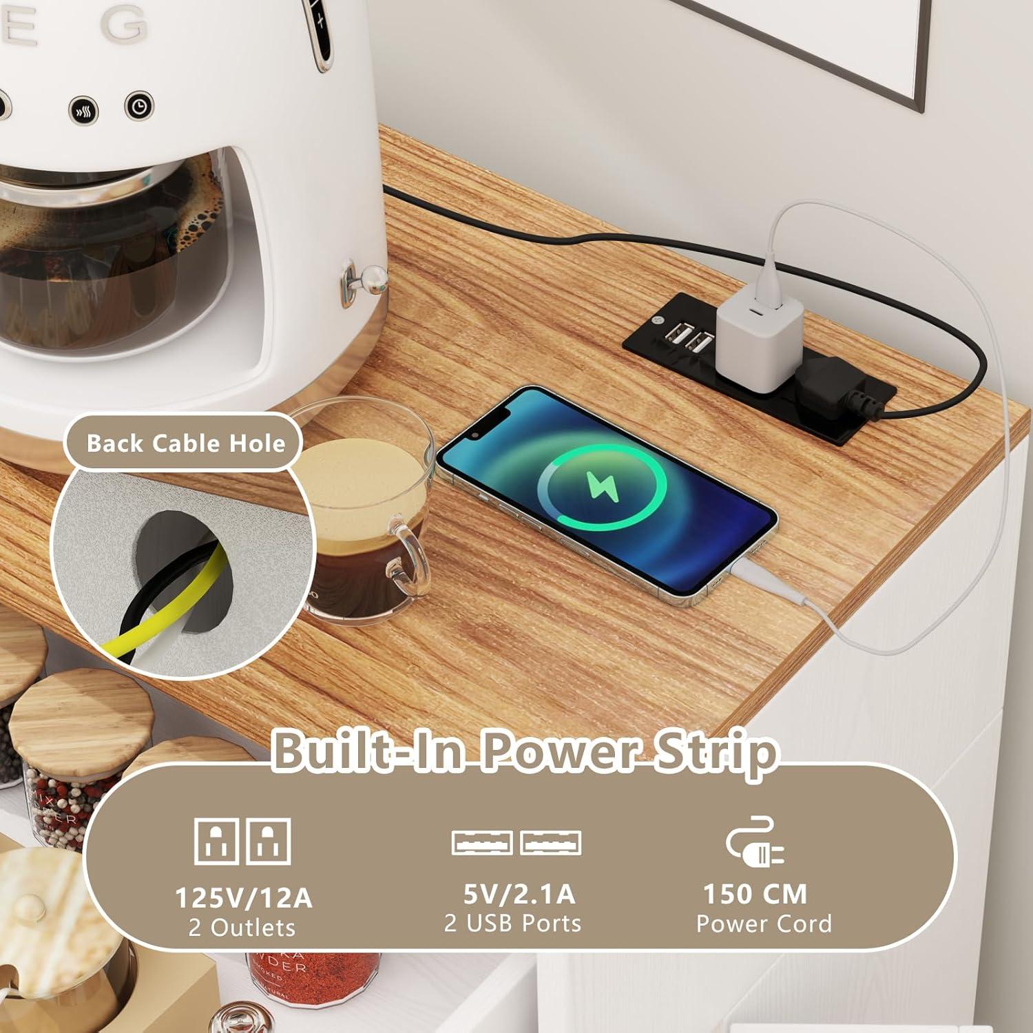 image:imageGiantex Kitchen Island with Tilt Out Trash Can Cabinet 10 Gallon Power Outlet 2 Drawers Adjustable Shelves Hidden Storage Garbage Bin Cabinet for Dining Room Laundry Room BlackWalnutWhitewalnut
