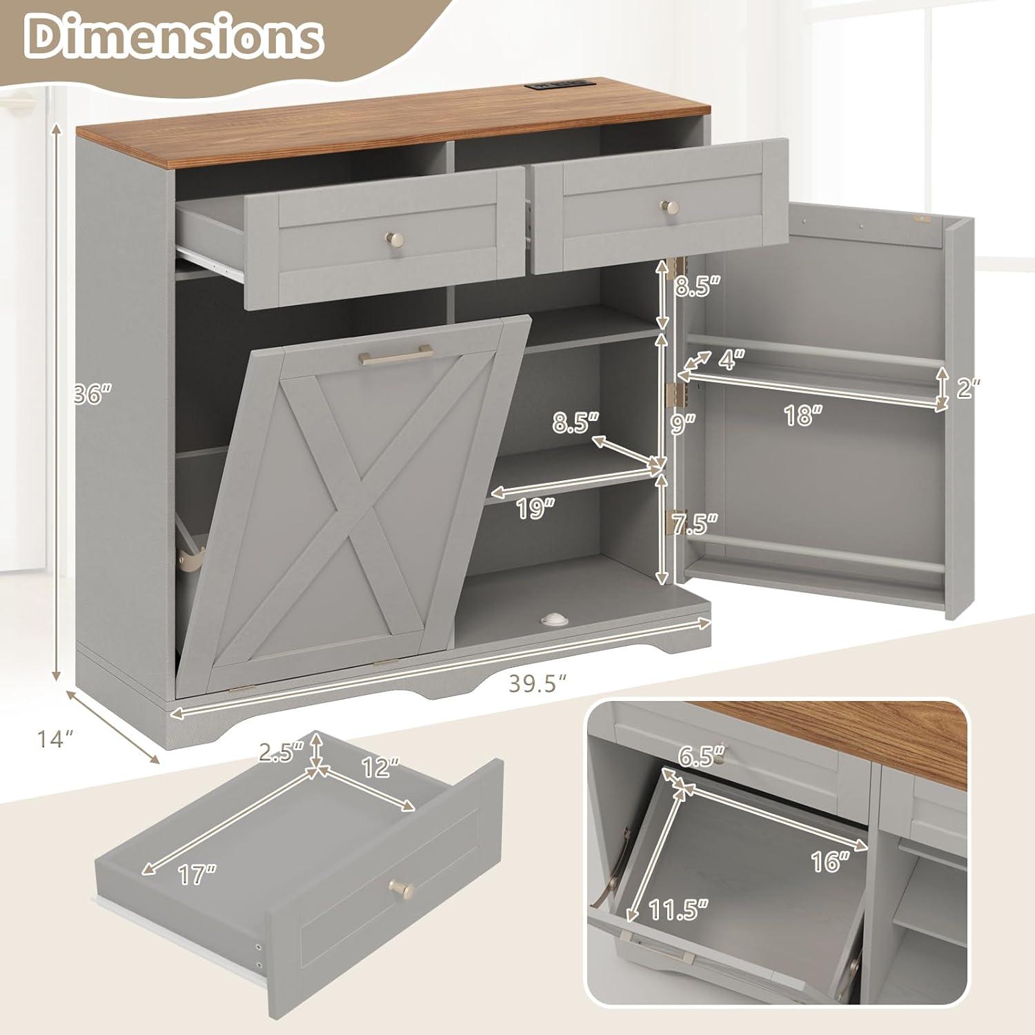image:imageGiantex Kitchen Island with Tilt Out Trash Can Cabinet 10 Gallon Power Outlet 2 Drawers Adjustable Shelves Hidden Storage Garbage Bin Cabinet for Dining Room Laundry Room BlackWalnutGreywalnut