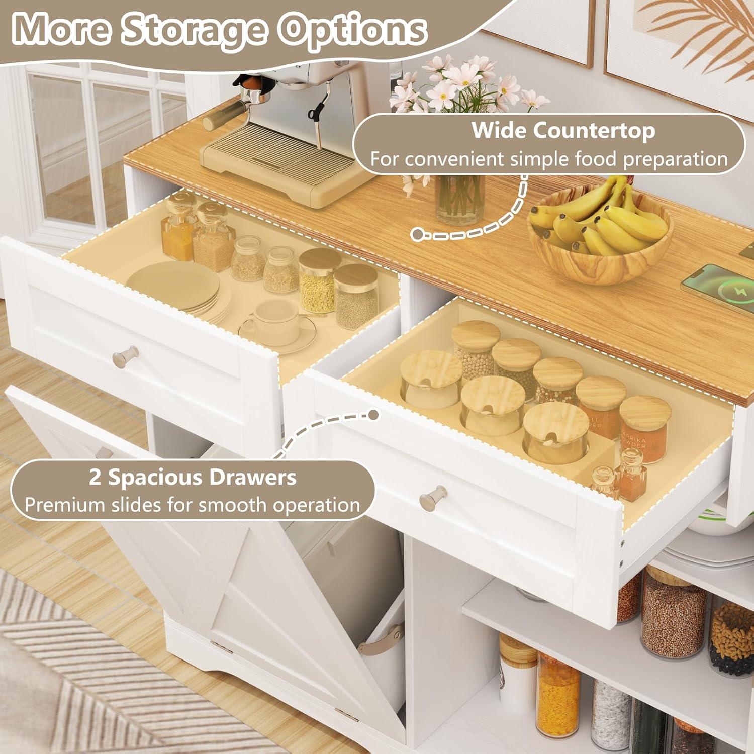 image:imageGiantex Kitchen Island with Tilt Out Trash Can Cabinet 10 Gallon Power Outlet 2 Drawers Adjustable Shelves Hidden Storage Garbage Bin Cabinet for Dining Room Laundry Room BlackWalnutWhitewalnut