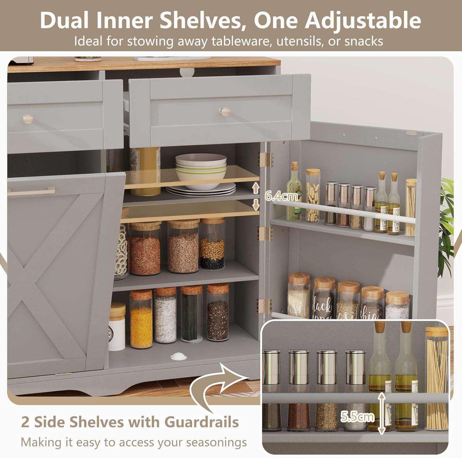 image:imageGiantex Kitchen Island with Tilt Out Trash Can Cabinet 10 Gallon Power Outlet 2 Drawers Adjustable Shelves Hidden Storage Garbage Bin Cabinet for Dining Room Laundry Room BlackWalnutGreywalnut