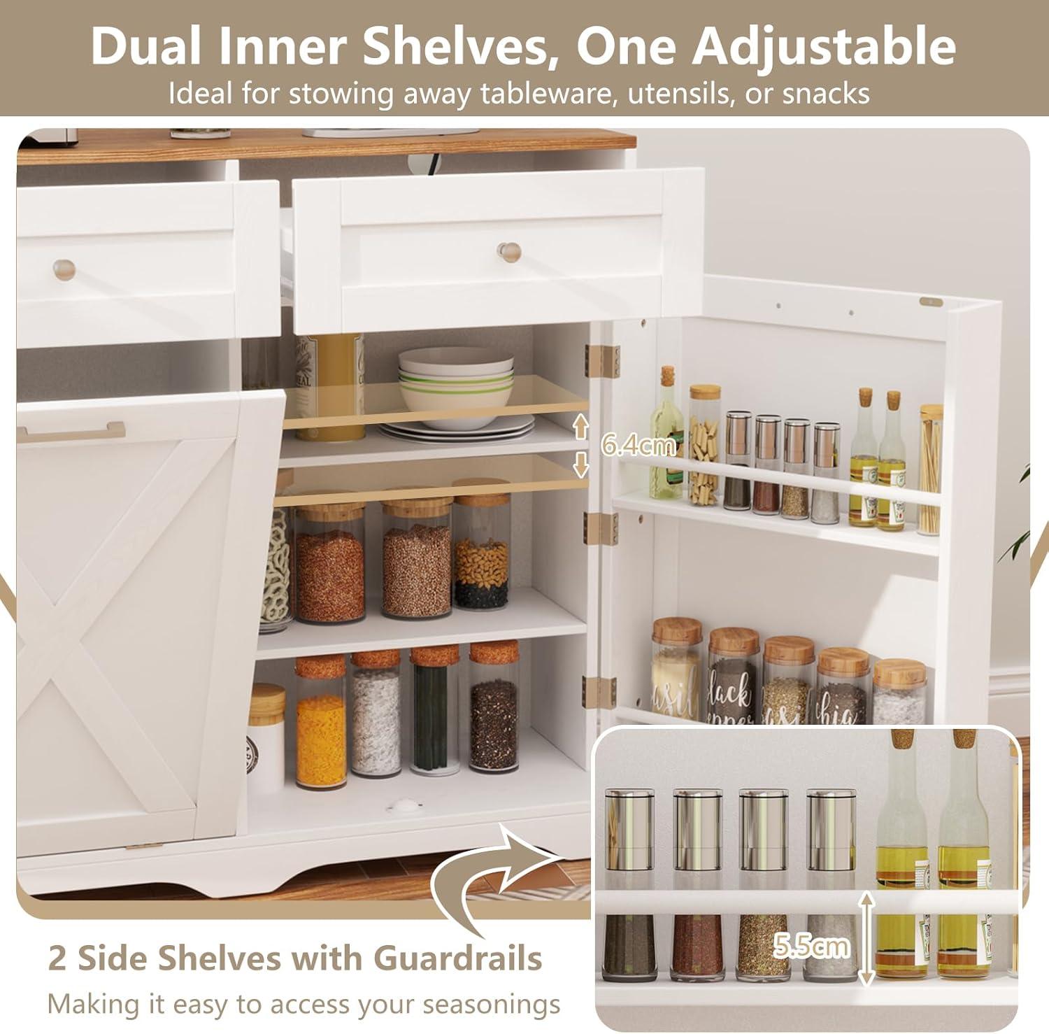 image:imageGiantex Kitchen Island with Tilt Out Trash Can Cabinet 10 Gallon Power Outlet 2 Drawers Adjustable Shelves Hidden Storage Garbage Bin Cabinet for Dining Room Laundry Room BlackWalnutWhitewalnut