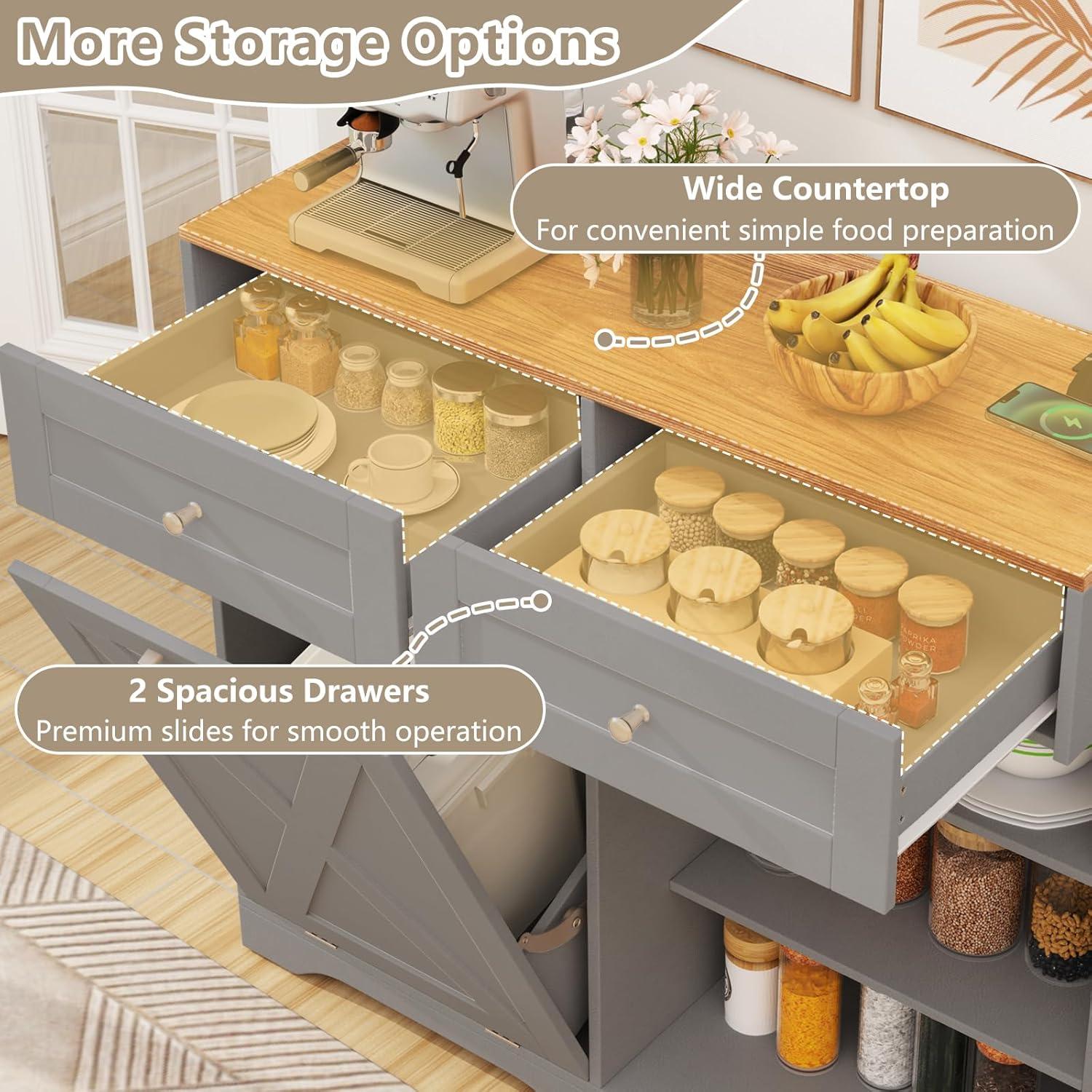 image:imageGiantex Kitchen Island with Tilt Out Trash Can Cabinet 10 Gallon Power Outlet 2 Drawers Adjustable Shelves Hidden Storage Garbage Bin Cabinet for Dining Room Laundry Room BlackWalnutGreywalnut