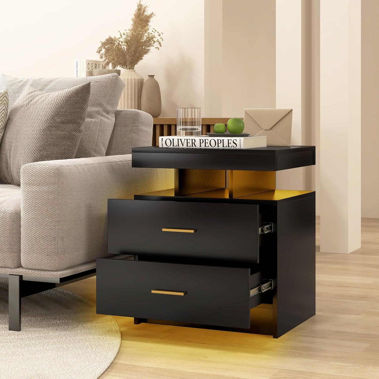 image:imageGiantex LED Nightstand Modern Black Bedside Tables with 2 Storage Drawers High Gloss End Side Table with Adjustable Light Mode Smart Night Stand for BedroomBlack