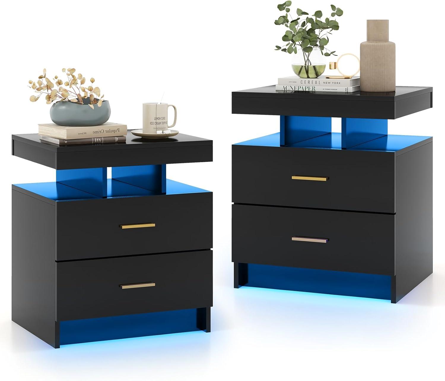 image:imageGiantex LED Nightstand Modern Black Bedside Tables with 2 Storage Drawers High Gloss End Side Table with Adjustable Light Mode Smart Night Stand for BedroomBlack