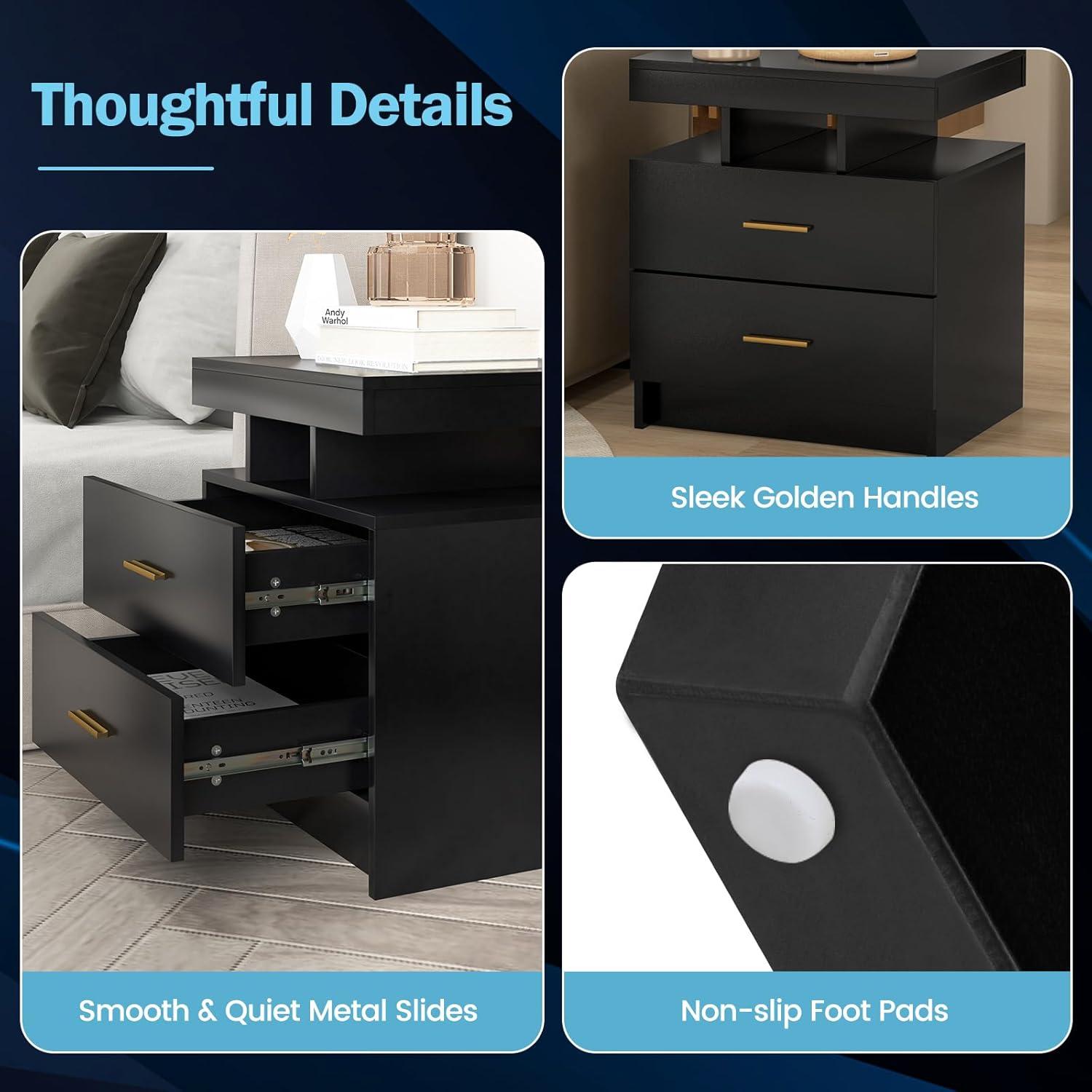 image:imageGiantex LED Nightstand Modern Black Bedside Tables with 2 Storage Drawers High Gloss End Side Table with Adjustable Light Mode Smart Night Stand for BedroomBlack
