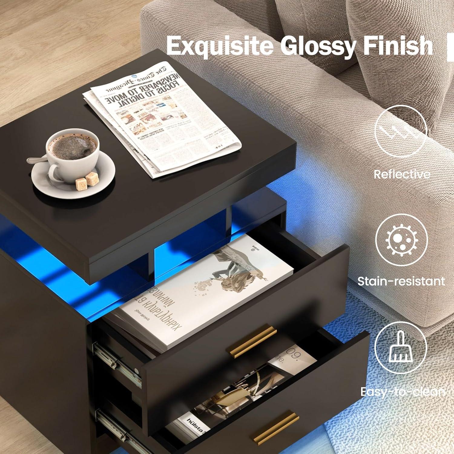 image:imageGiantex LED Nightstand Modern Black Bedside Tables with 2 Storage Drawers High Gloss End Side Table with Adjustable Light Mode Smart Night Stand for BedroomBlack
