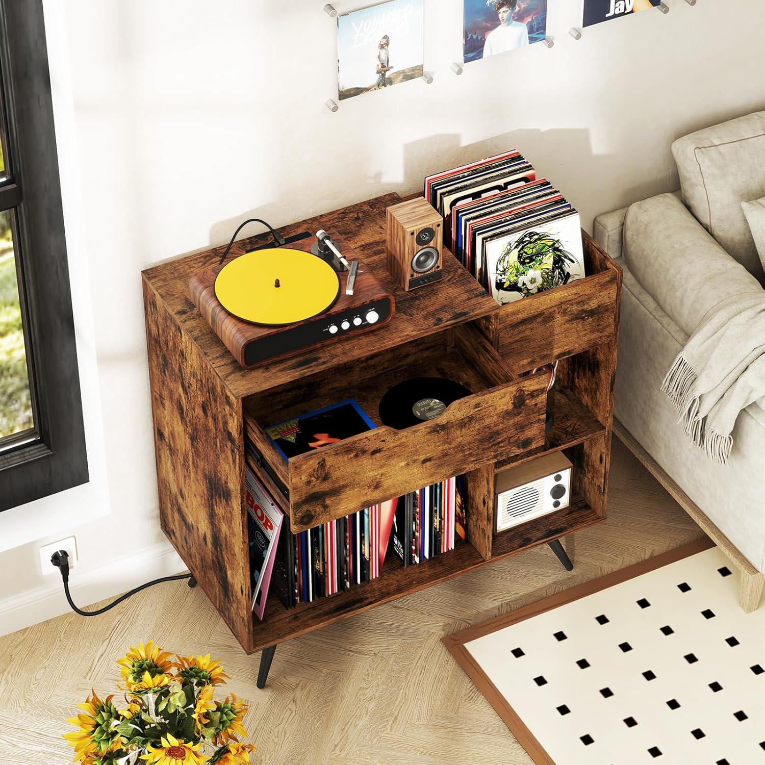 image:imageGiantex Large Record Player Stand with Charging Station Mid Century Turntable Stand Holds Up to 300 Albums Record Player Table wDrawer amp Display Shelf Vinyl Record Storage for Living Room Brown
