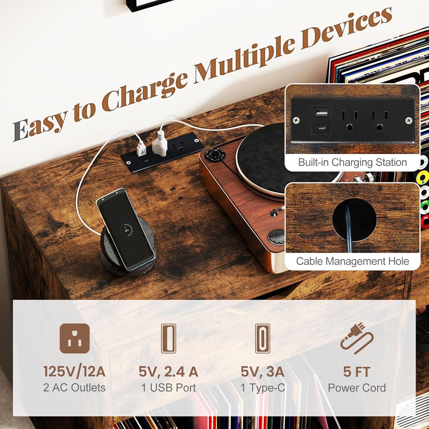 image:imageGiantex Large Record Player Stand with Charging Station Mid Century Turntable Stand Holds Up to 300 Albums Record Player Table wDrawer amp Display Shelf Vinyl Record Storage for Living Room Brown