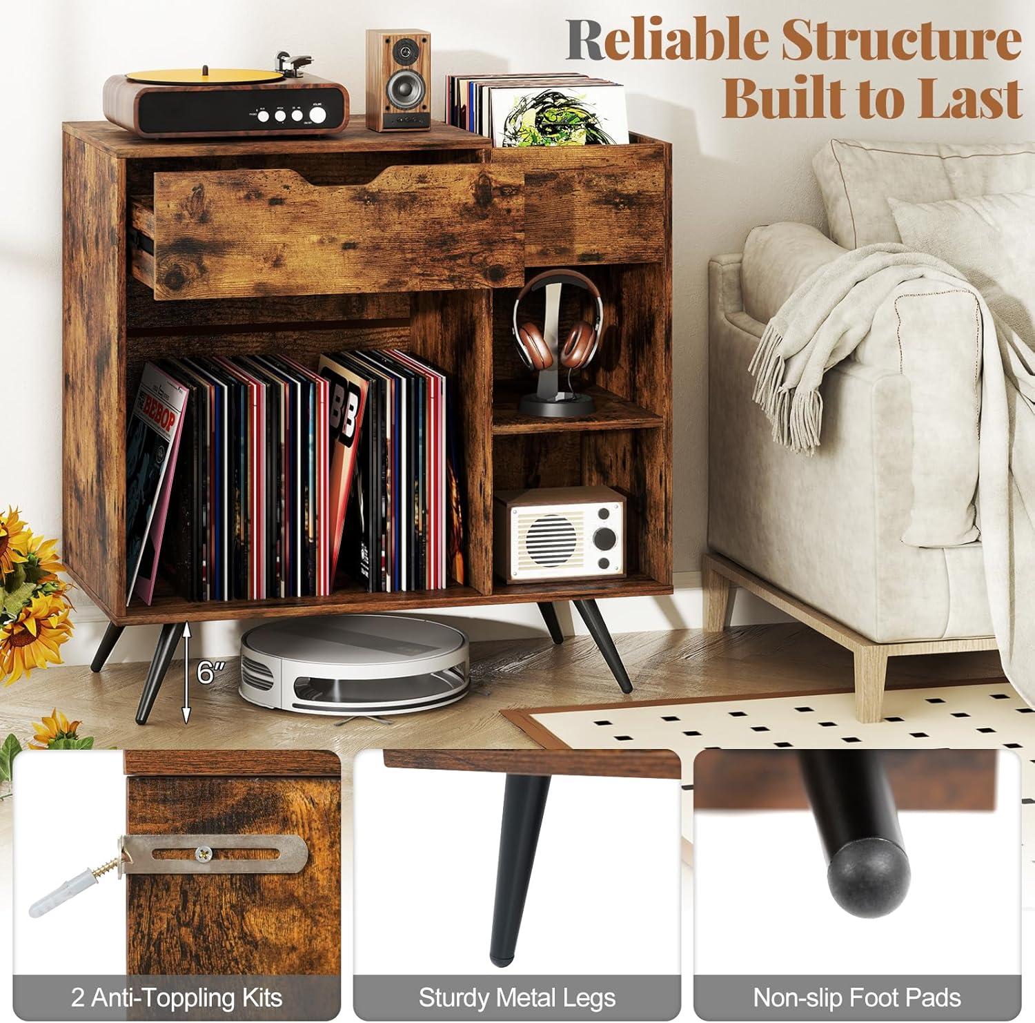 image:imageGiantex Large Record Player Stand with Charging Station Mid Century Turntable Stand Holds Up to 300 Albums Record Player Table wDrawer amp Display Shelf Vinyl Record Storage for Living Room Brown