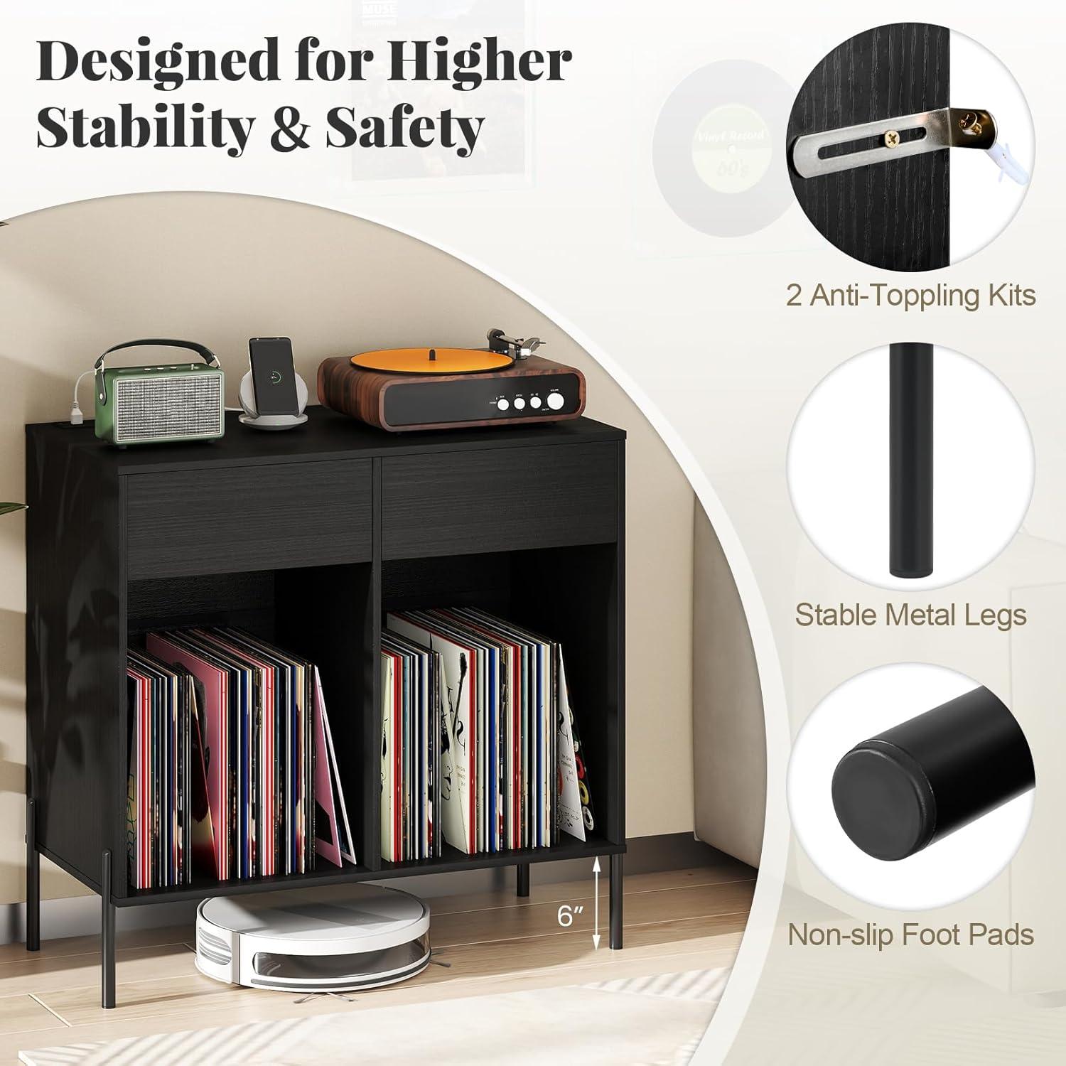 image:imageGiantex Large Record Player Stand with Charging Station Mid Century Wood Turntable Stand with 2 Storage Drawers amp Compartments Vinyl Record Storage for Living Room WhiteBlack