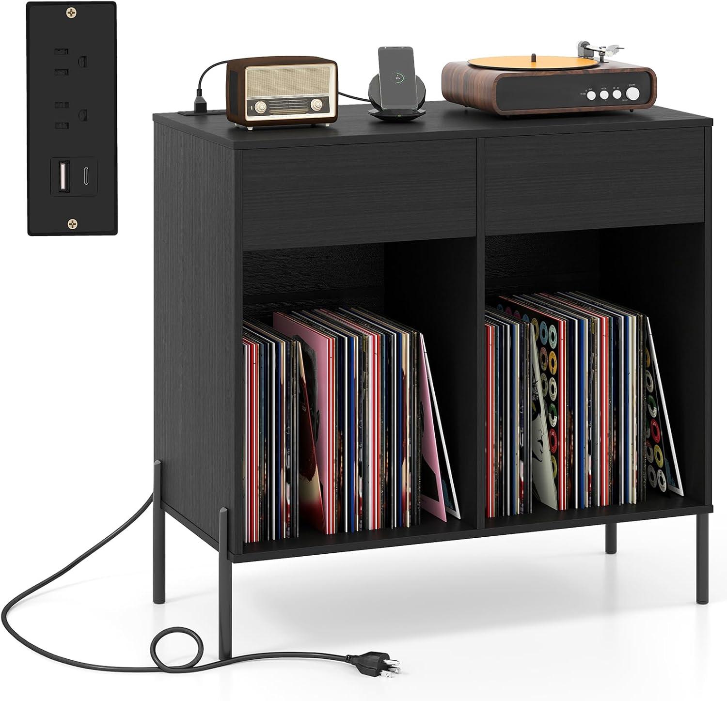 image:imageGiantex Large Record Player Stand with Charging Station Mid Century Wood Turntable Stand with 2 Storage Drawers amp Compartments Vinyl Record Storage for Living Room WhiteBlack