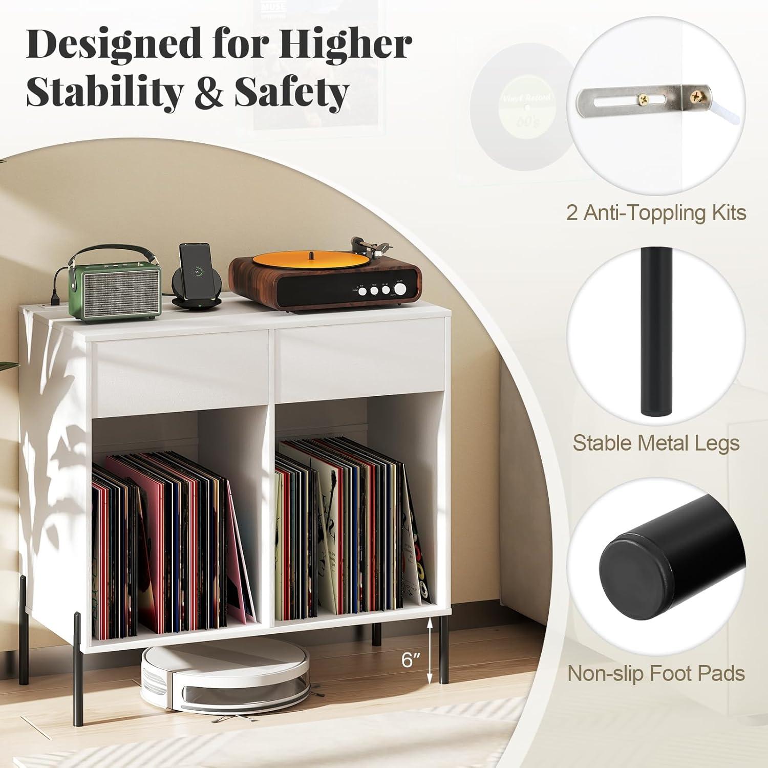 image:imageGiantex Large Record Player Stand with Charging Station Mid Century Wood Turntable Stand with 2 Storage Drawers amp Compartments Vinyl Record Storage for Living Room WhiteWhite