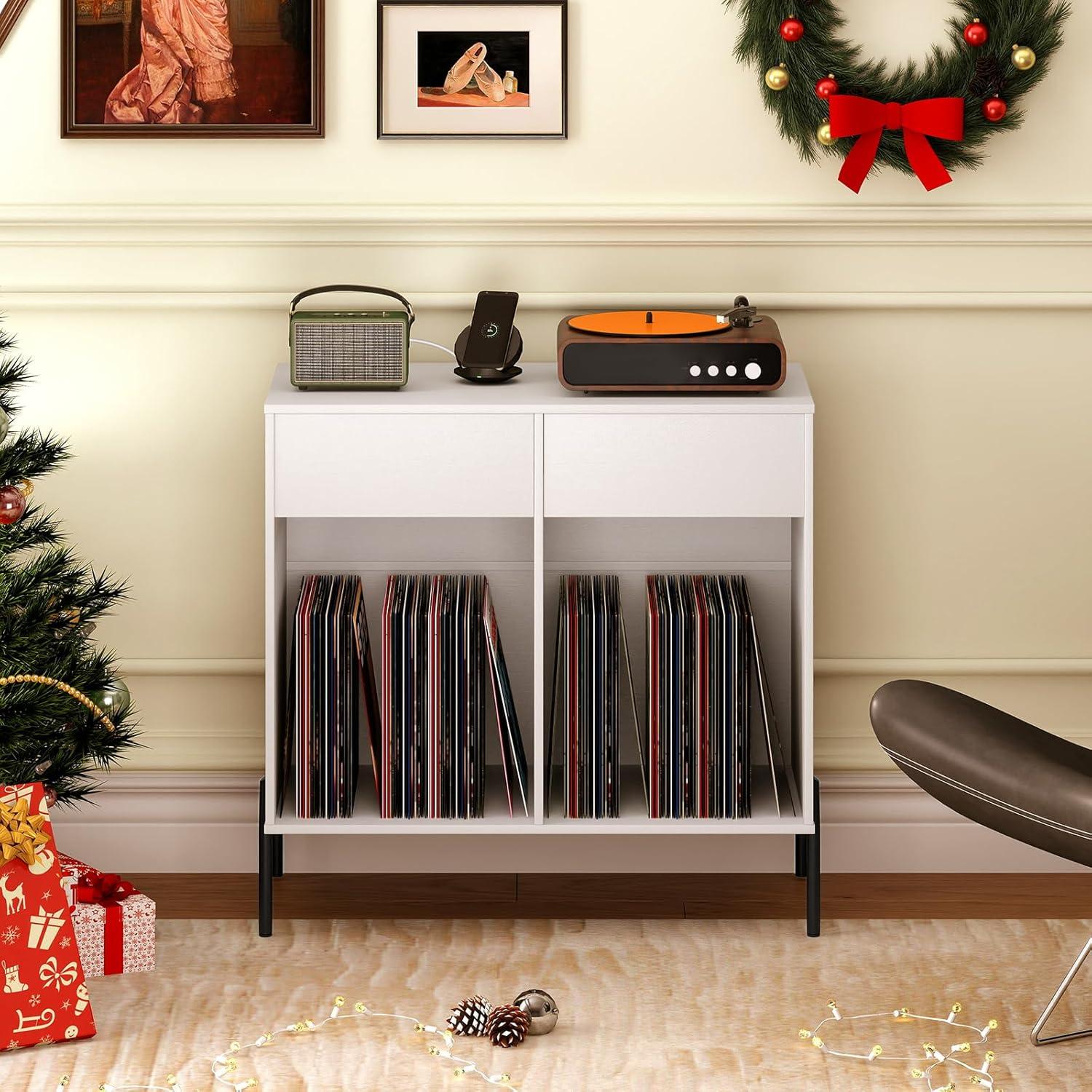 image:imageGiantex Large Record Player Stand with Charging Station Mid Century Wood Turntable Stand with 2 Storage Drawers amp Compartments Vinyl Record Storage for Living Room WhiteWhite