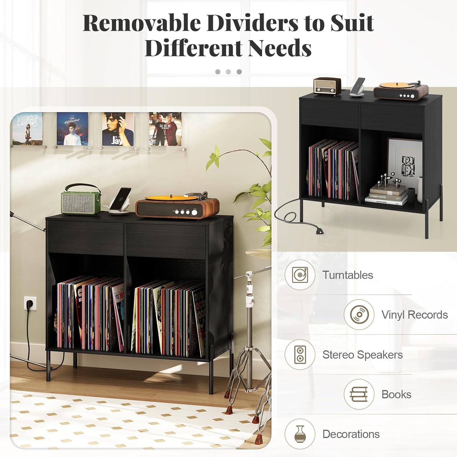image:imageGiantex Large Record Player Stand with Charging Station Mid Century Wood Turntable Stand with 2 Storage Drawers amp Compartments Vinyl Record Storage for Living Room WhiteBlack