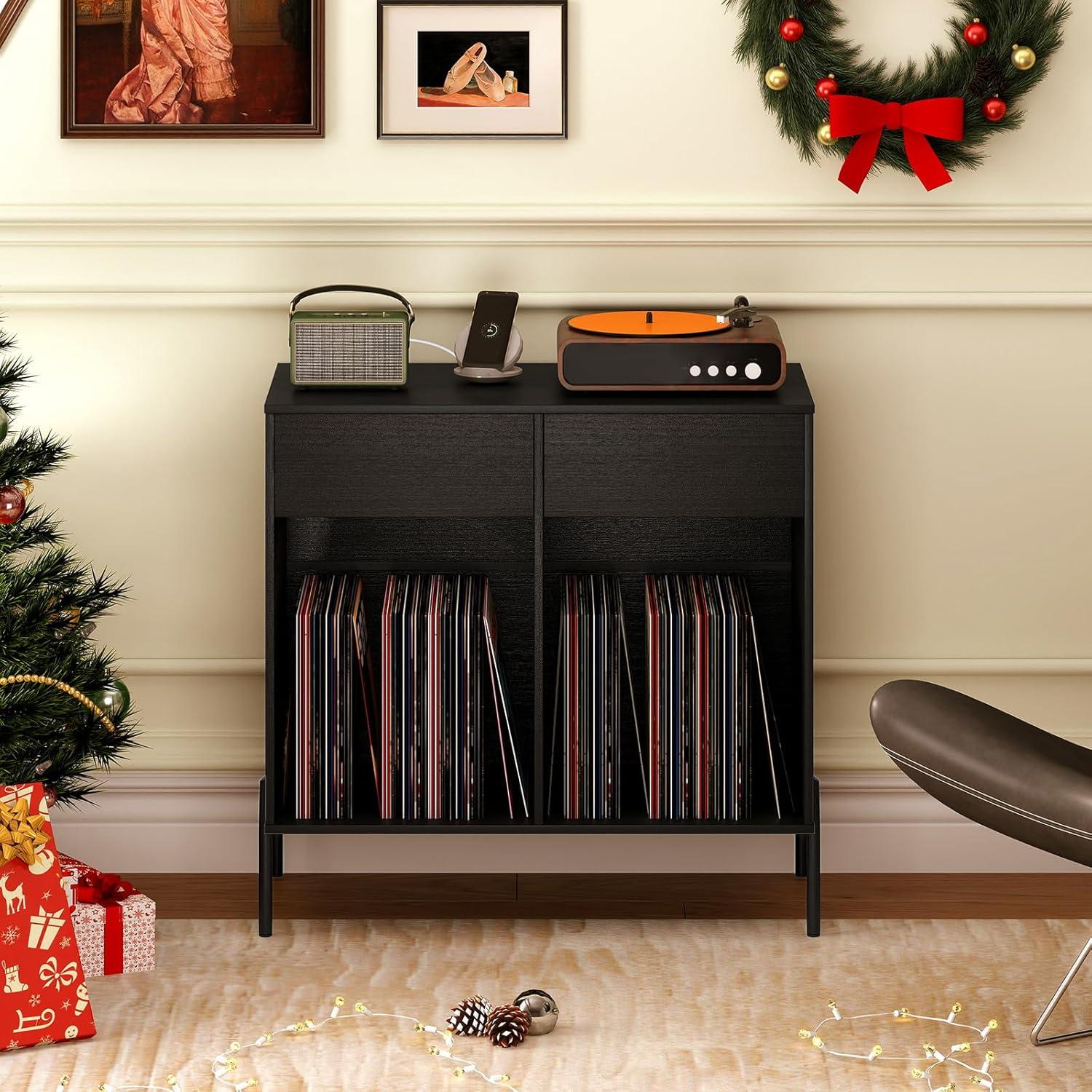 image:imageGiantex Large Record Player Stand with Charging Station Mid Century Wood Turntable Stand with 2 Storage Drawers amp Compartments Vinyl Record Storage for Living Room WhiteBlack