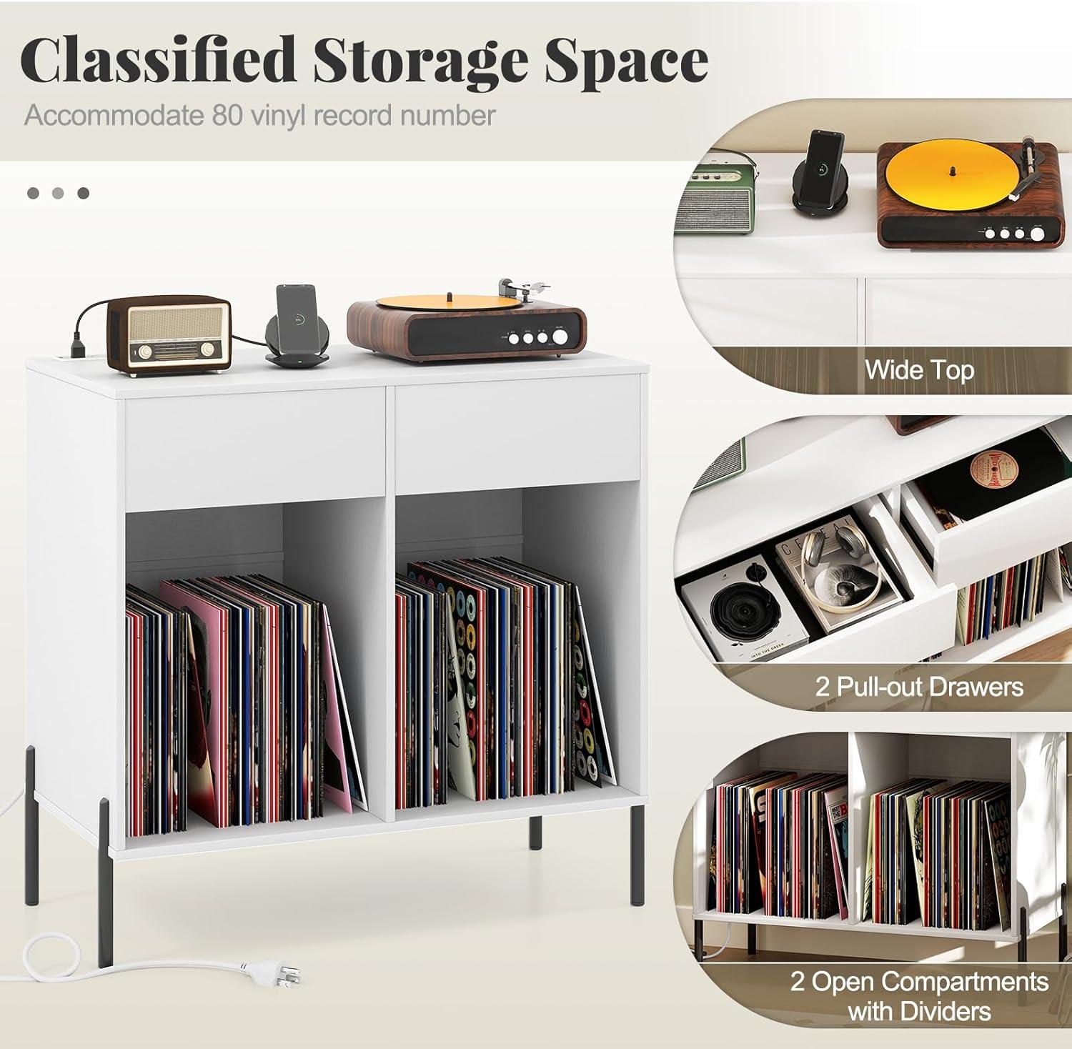 image:imageGiantex Large Record Player Stand with Charging Station Mid Century Wood Turntable Stand with 2 Storage Drawers amp Compartments Vinyl Record Storage for Living Room WhiteWhite