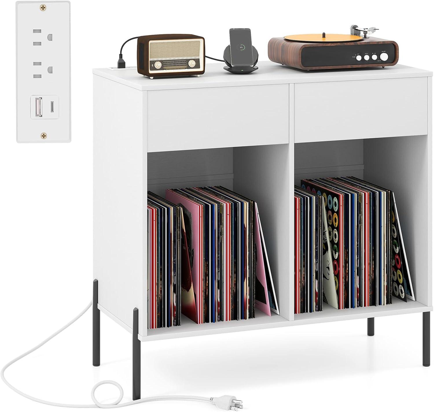 image:imageGiantex Large Record Player Stand with Charging Station Mid Century Wood Turntable Stand with 2 Storage Drawers amp Compartments Vinyl Record Storage for Living Room WhiteWhite
