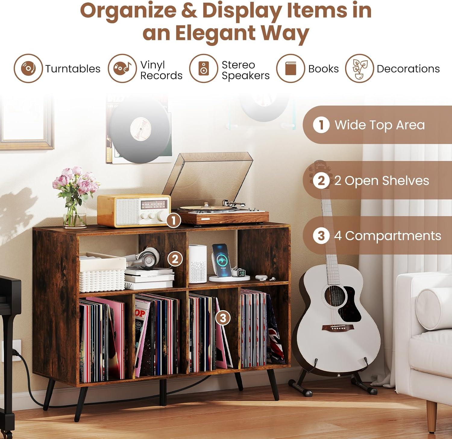 image:imageGiantex Large Record Player Stand with Charging Station Turntable Stand Holds Up to 450 Albums Record Player Table with Raised Leg Vinyl Record Storage for Living Room WhiteRustic Brown