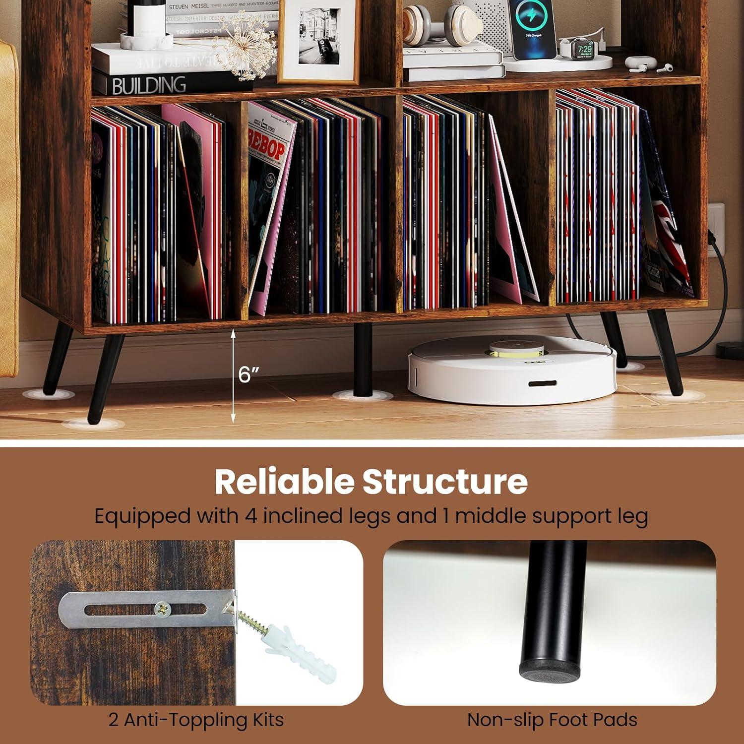 image:imageGiantex Large Record Player Stand with Charging Station Turntable Stand Holds Up to 450 Albums Record Player Table with Raised Leg Vinyl Record Storage for Living Room WhiteRustic Brown