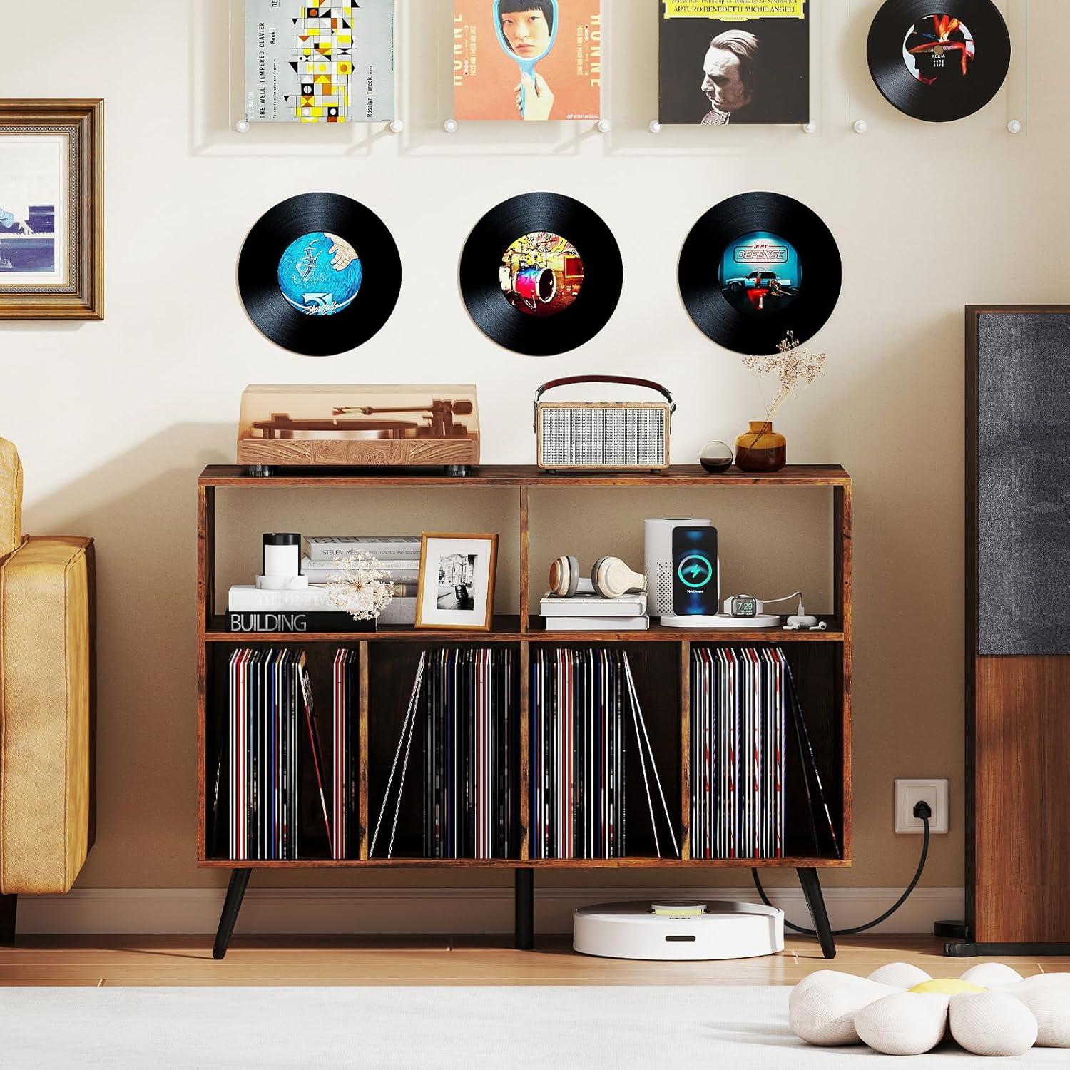 image:imageGiantex Large Record Player Stand with Charging Station Turntable Stand Holds Up to 450 Albums Record Player Table with Raised Leg Vinyl Record Storage for Living Room WhiteRustic Brown
