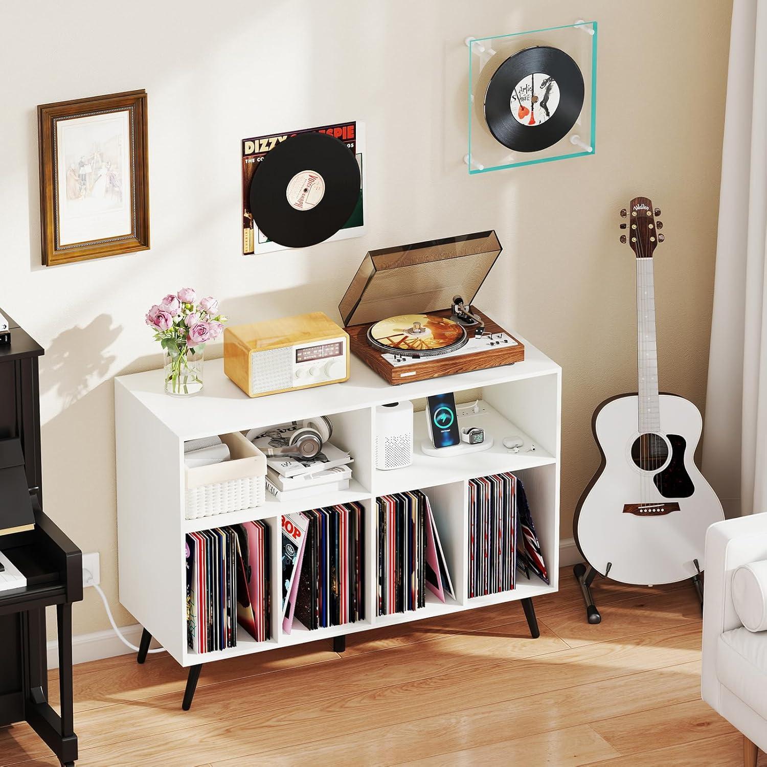 image:imageGiantex Large Record Player Stand with Charging Station Turntable Stand Holds Up to 450 Albums Record Player Table with Raised Leg Vinyl Record Storage for Living Room WhiteWhite