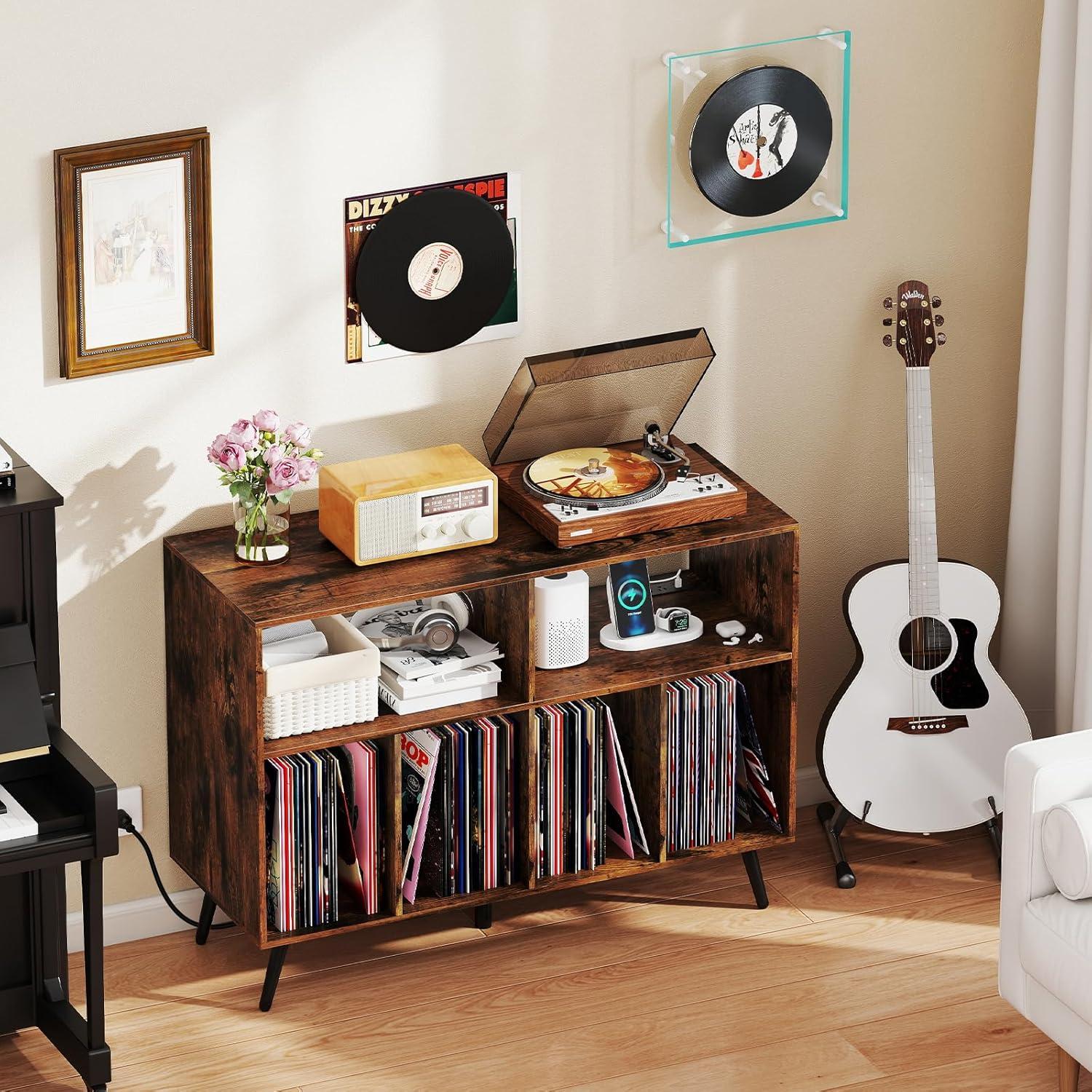 image:imageGiantex Large Record Player Stand with Charging Station Turntable Stand Holds Up to 450 Albums Record Player Table with Raised Leg Vinyl Record Storage for Living Room WhiteRustic Brown