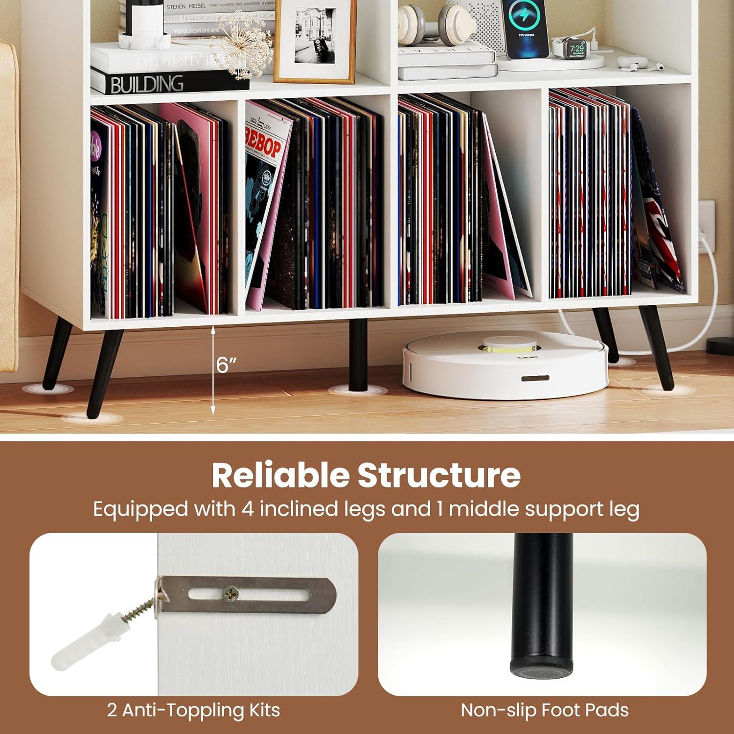 image:imageGiantex Large Record Player Stand with Charging Station Turntable Stand Holds Up to 450 Albums Record Player Table with Raised Leg Vinyl Record Storage for Living Room WhiteWhite