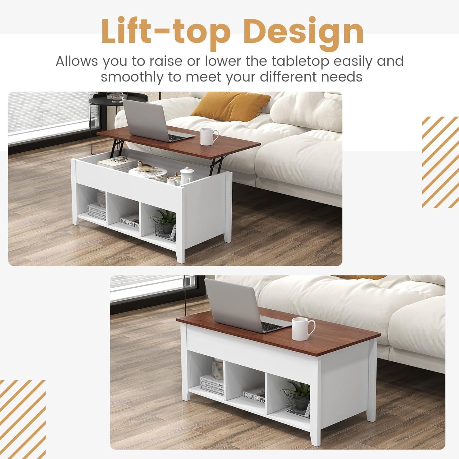 image:imageGiantex Lift Top Coffee Table Rectangular Wooden Table wHidden Compartment amp Open Storage Shelves Multifunctional Modern Flip Top Center Table for Living Room Reception Room Office NaturalWhite