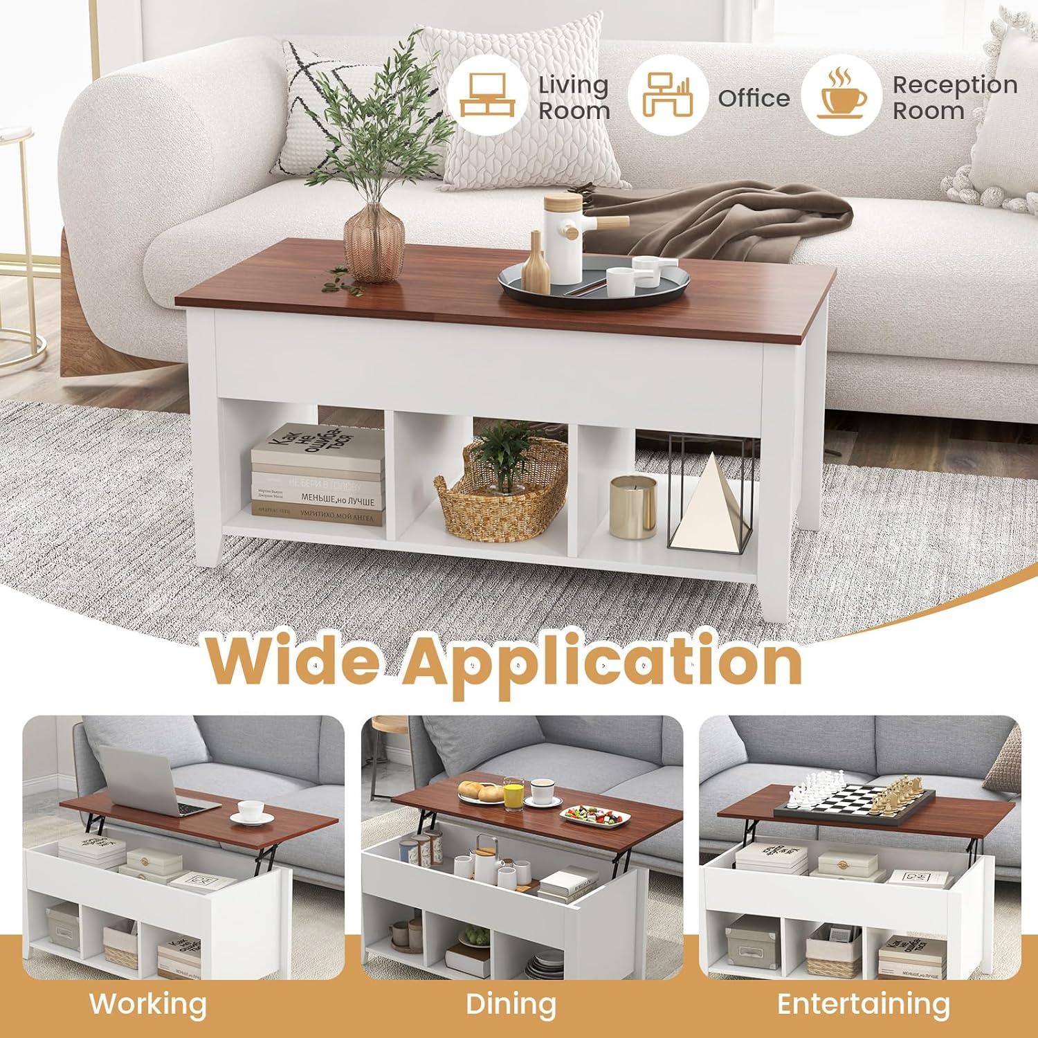 image:imageGiantex Lift Top Coffee Table Rectangular Wooden Table wHidden Compartment amp Open Storage Shelves Multifunctional Modern Flip Top Center Table for Living Room Reception Room Office NaturalWhite