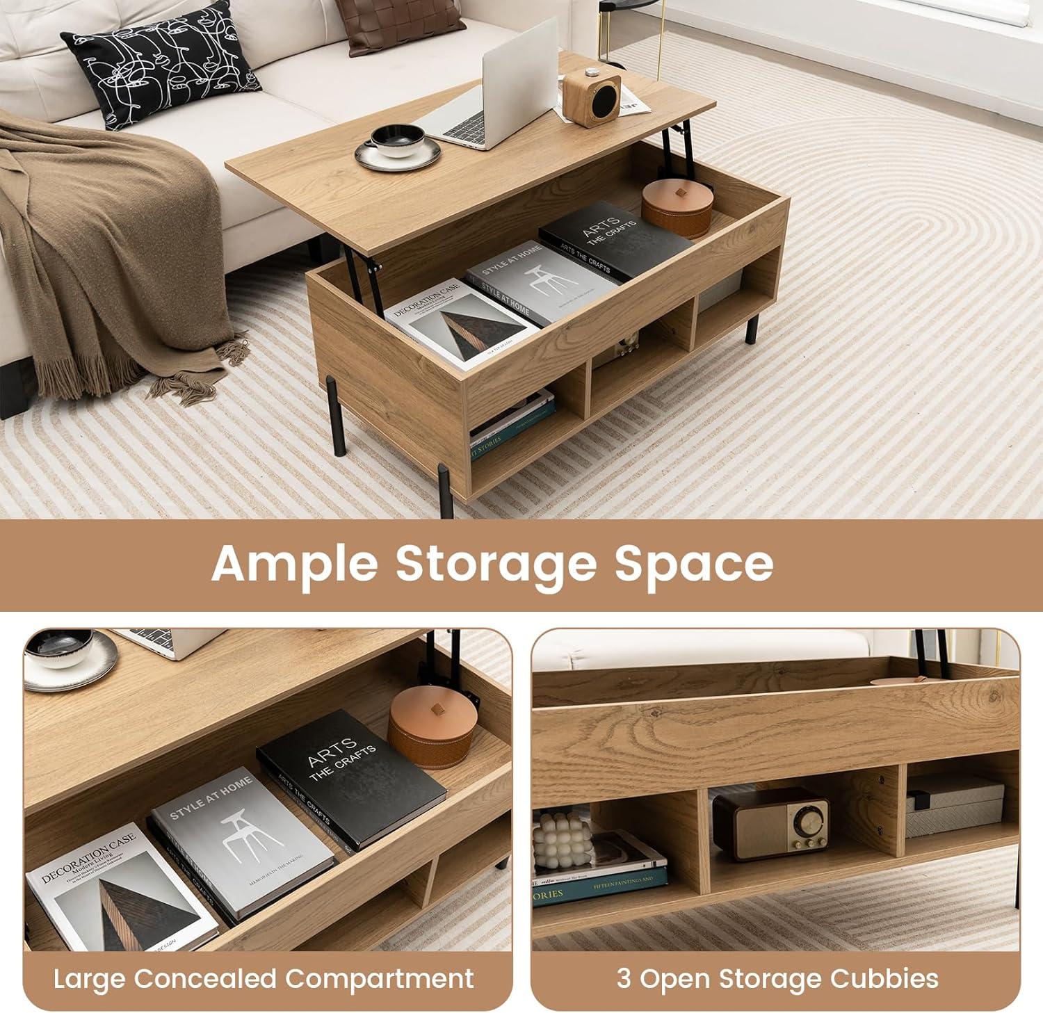 image:imageGiantex Lift Top Coffee Table Rectangular Wooden Table wHidden Compartment amp Open Storage Shelves Multifunctional Modern Flip Top Center Table for Living Room Reception Room Office NaturalNatural