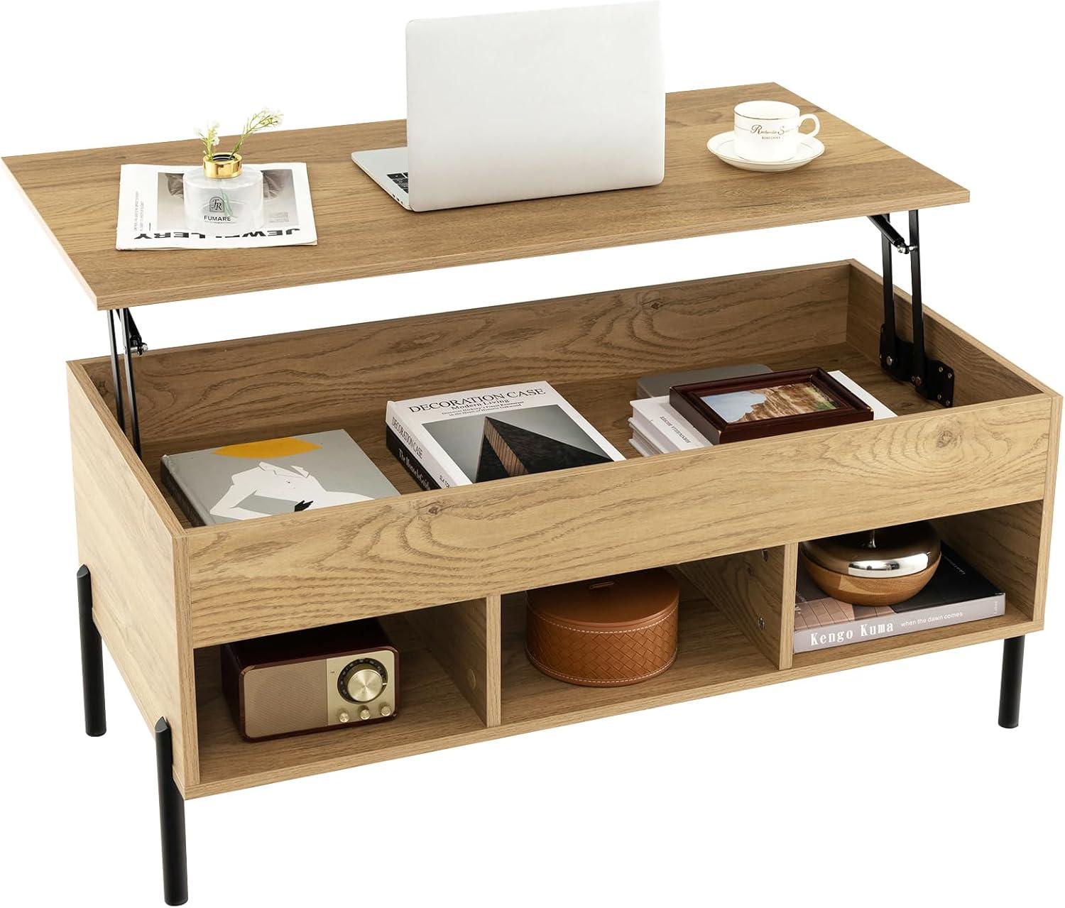 image:imageGiantex Lift Top Coffee Table Rectangular Wooden Table wHidden Compartment amp Open Storage Shelves Multifunctional Modern Flip Top Center Table for Living Room Reception Room Office NaturalNatural