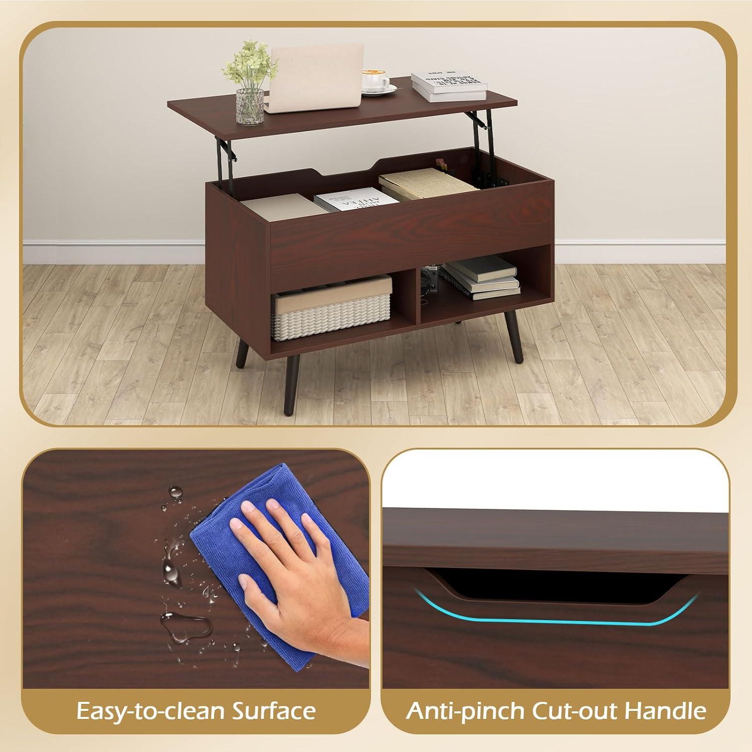 image:imageGiantex Lift Top Coffee Table Modern Cocktail Table wHidden Compartment amp 2 Open Shelves Flip Top Center Table Wooden Pull up Coffee Table for Living Room Reception Room Office BlackWalnut