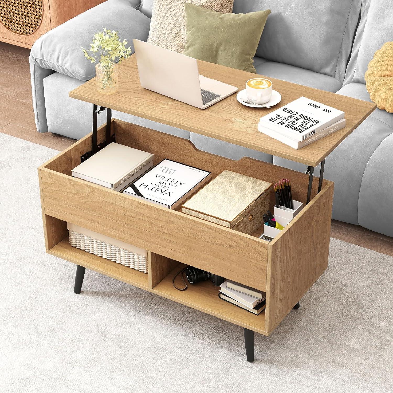 image:imageGiantex Lift Top Coffee Table Modern Cocktail Table wHidden Compartment amp 2 Open Shelves Flip Top Center Table Wooden Pull up Coffee Table for Living Room Reception Room Office BlackNatural