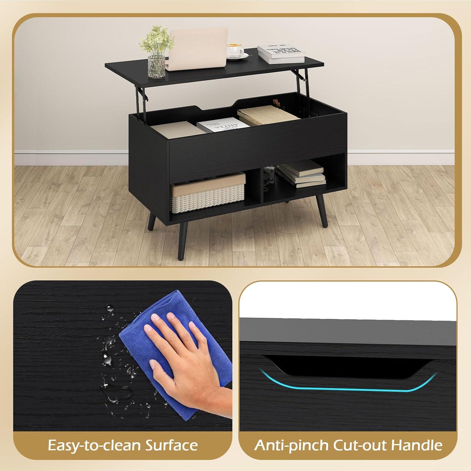 image:imageGiantex Lift Top Coffee Table Modern Cocktail Table wHidden Compartment amp 2 Open Shelves Flip Top Center Table Wooden Pull up Coffee Table for Living Room Reception Room Office BlackBlack